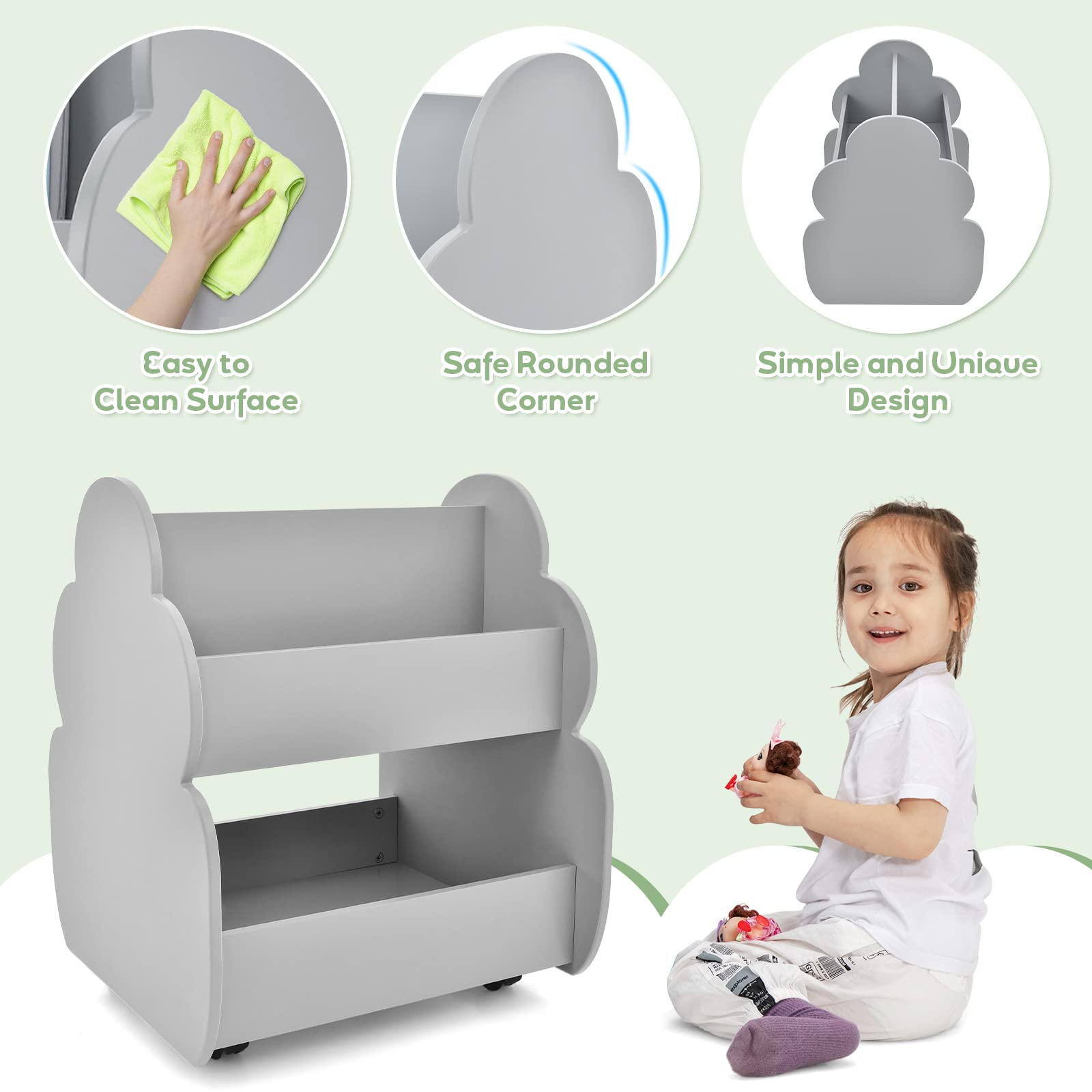 INFANS Kids Bookshelf with Wheels, Wooden Bookcase Toy Storage Cabinet Organizer Holder