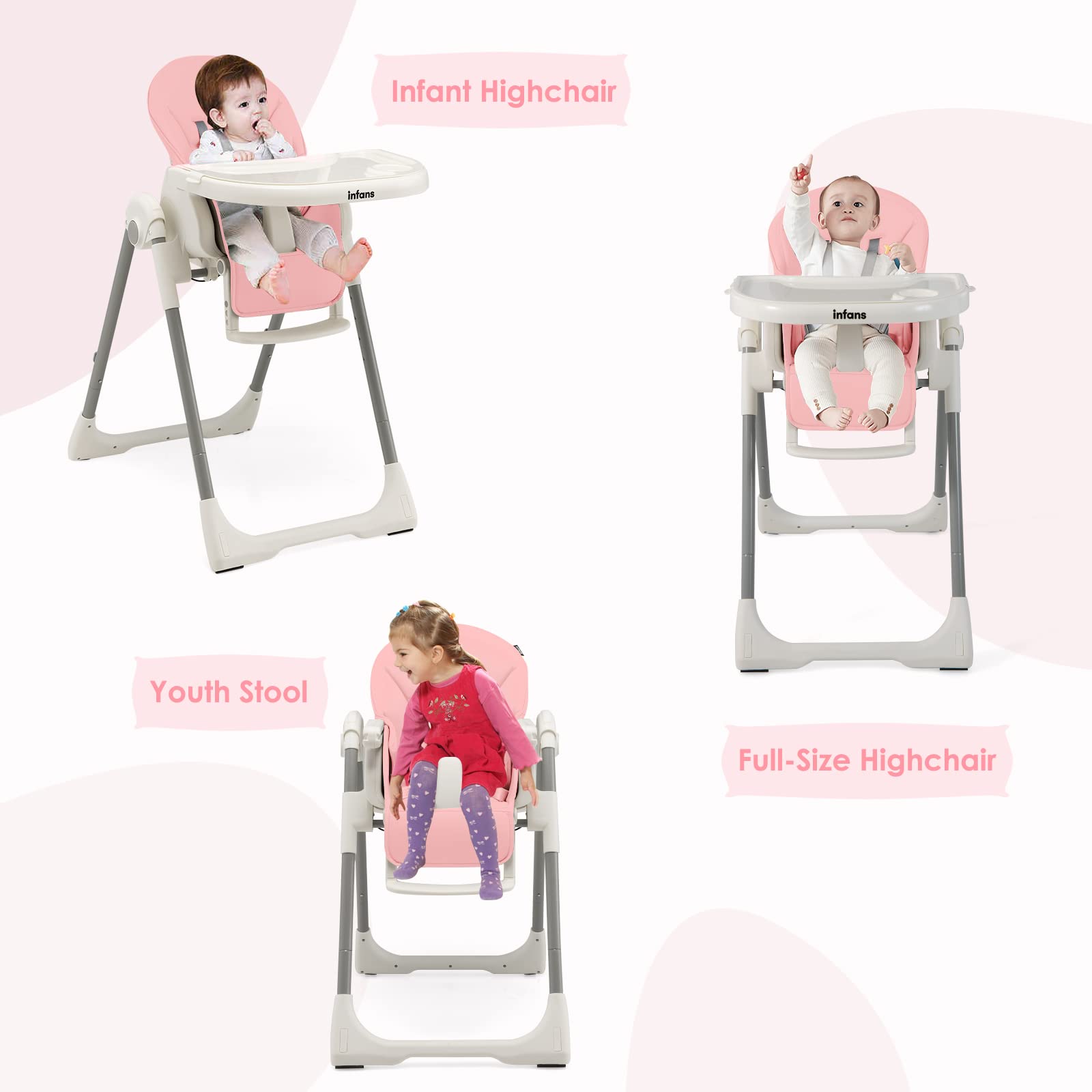 INFANS High Chair for Babies and Toddlers, Foldable Highchair with 7 Different Heights 4 Reclining Backrest Seat 3 Setting Footrest INFANS