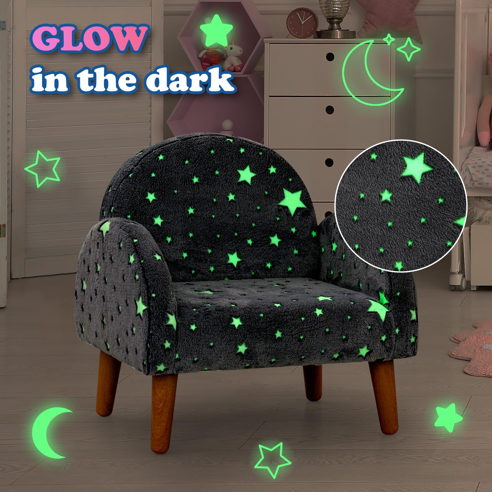 INFANS Kids Sofa with Glow in The Dark, Toddler Armchair Couch, Upholstered Comfy Foam Children Chair for Kindergarten Playroom