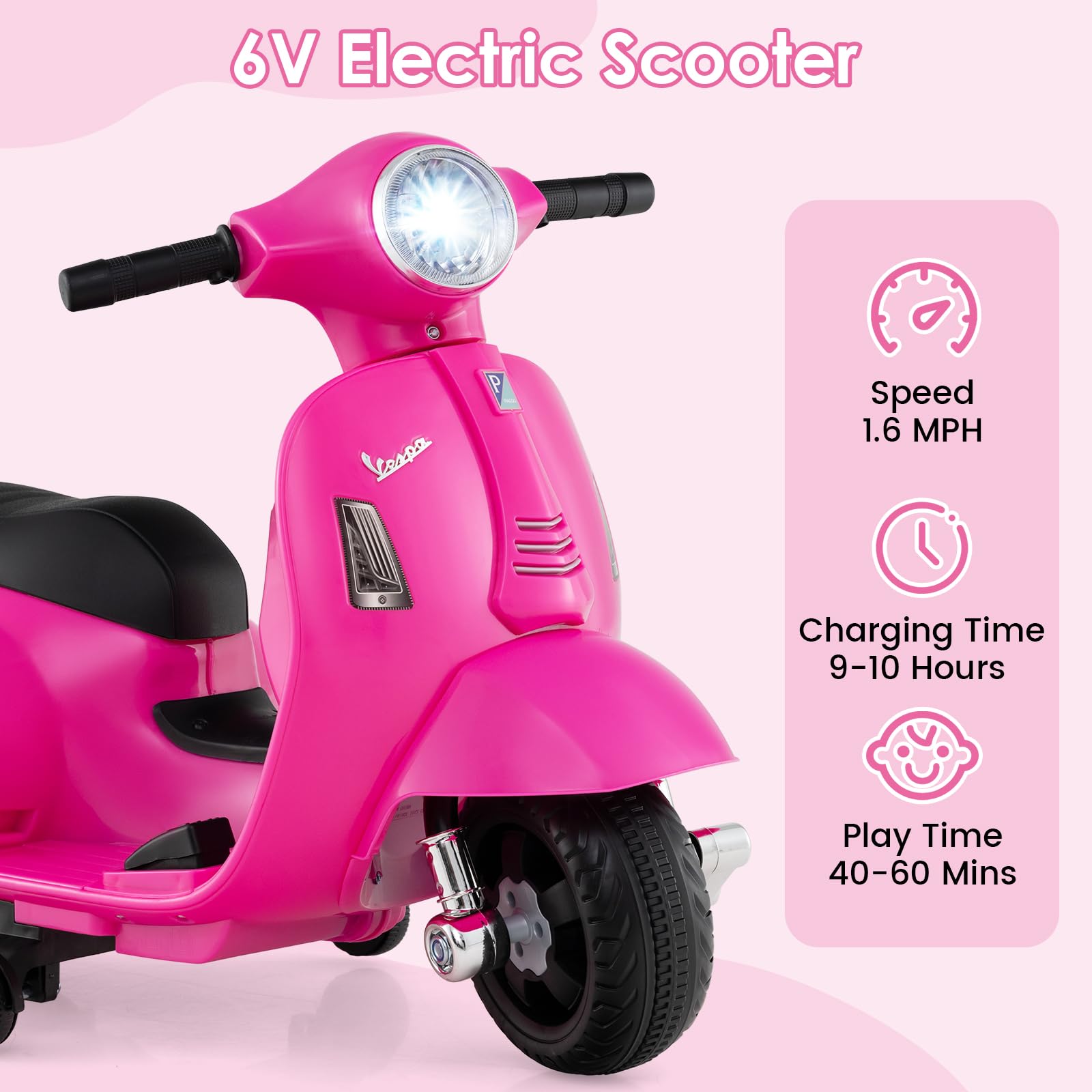 INFANS Licensed Vespa Kids Motorcycle, 6V Battery Powered Motorbike for Toddlers with Training Wheels, Horn, LED Lights
