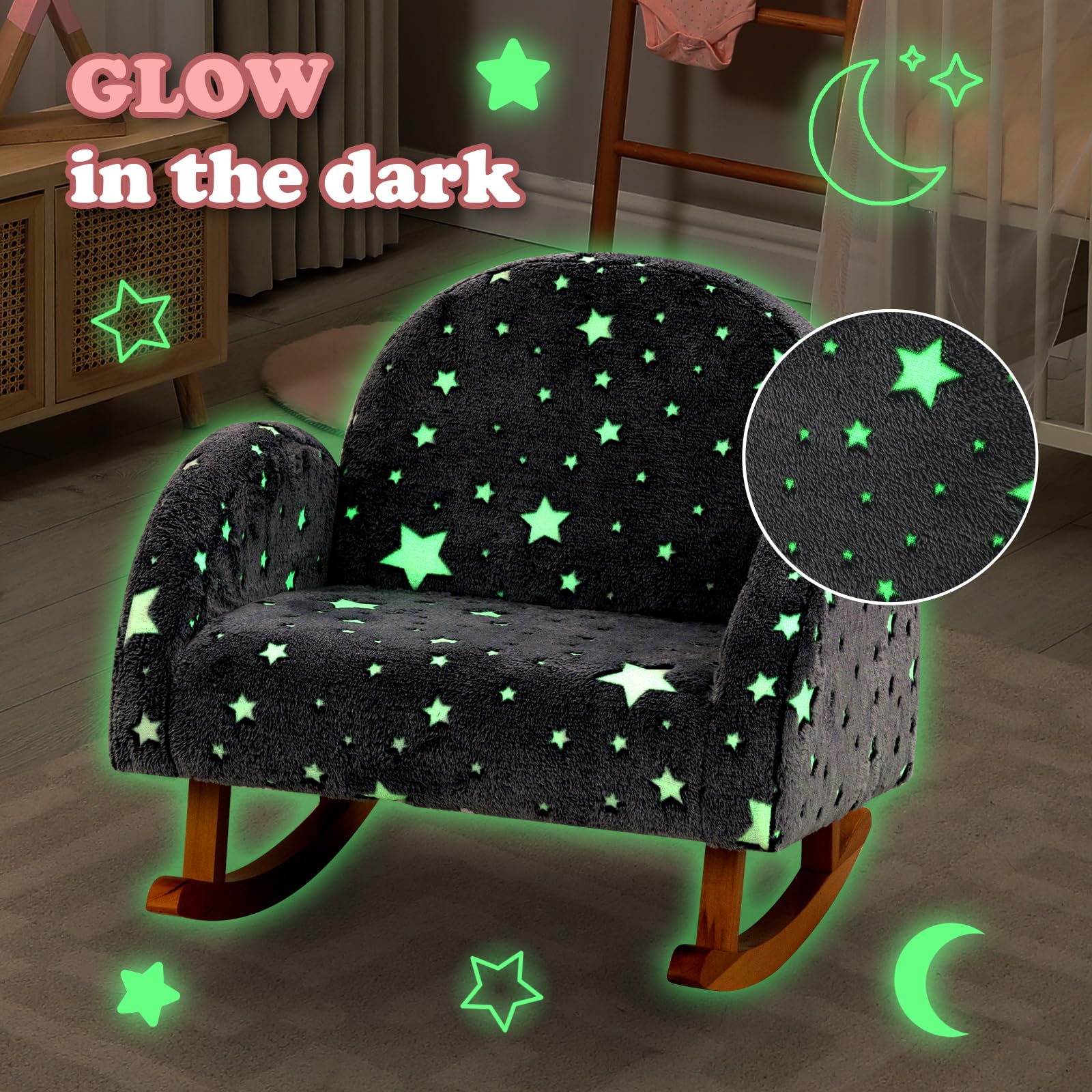 INFANS Kids Sofa with Glow in The Dark, Toddler Rocking Chair, Upholstered Comfy Foam Children Chair for Kindergarten Playroom