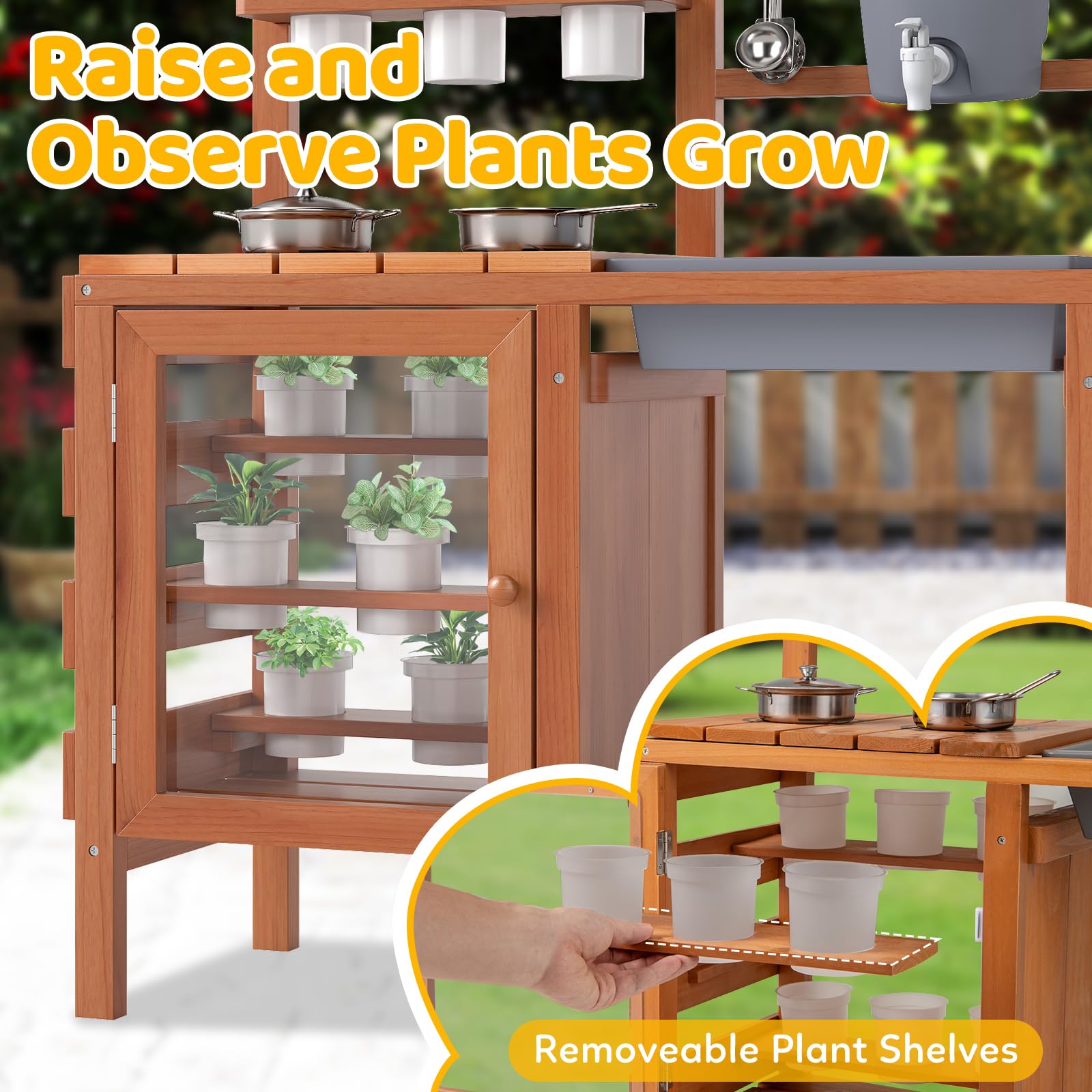 INFANS Mud Kitchen for Kids Outdoor, Wooden Toddler Play Kitchen with Cooking Accessories, Toy Playset for Backyard Garden