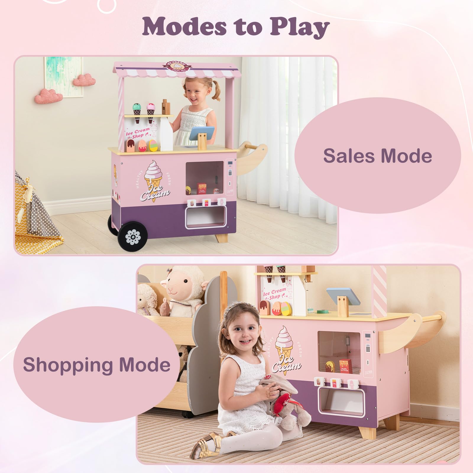 INFANS Ice Cream Cart Grocery Store Marketplace Toy, Market Stand Shop Pretend Play Set with Accessories Gift for Ages 3+