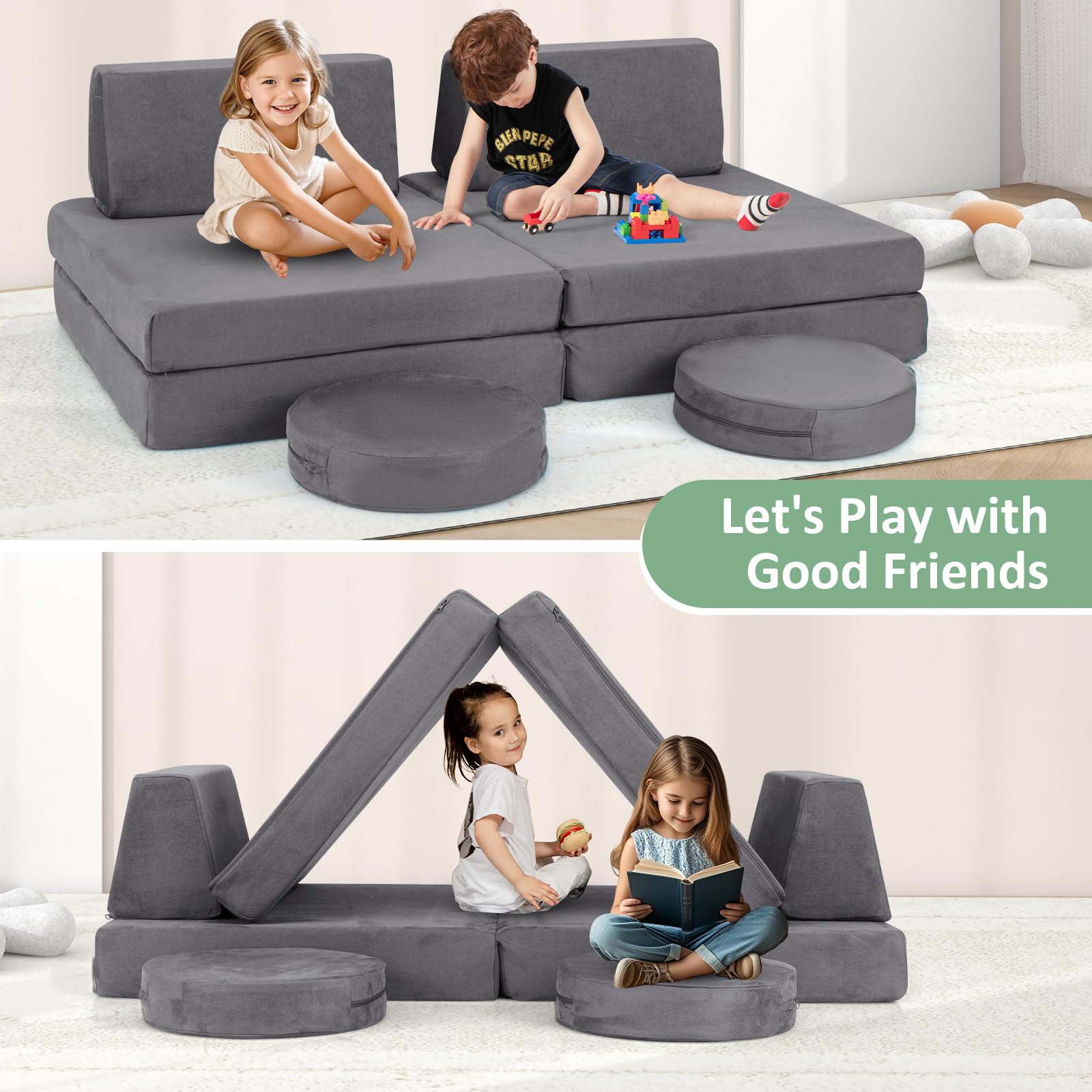 INFANS Modular Kids Play Couch, 6 PCS Toddler Creative Sectional Fort Building Sofa for Playroom, Bedroom
