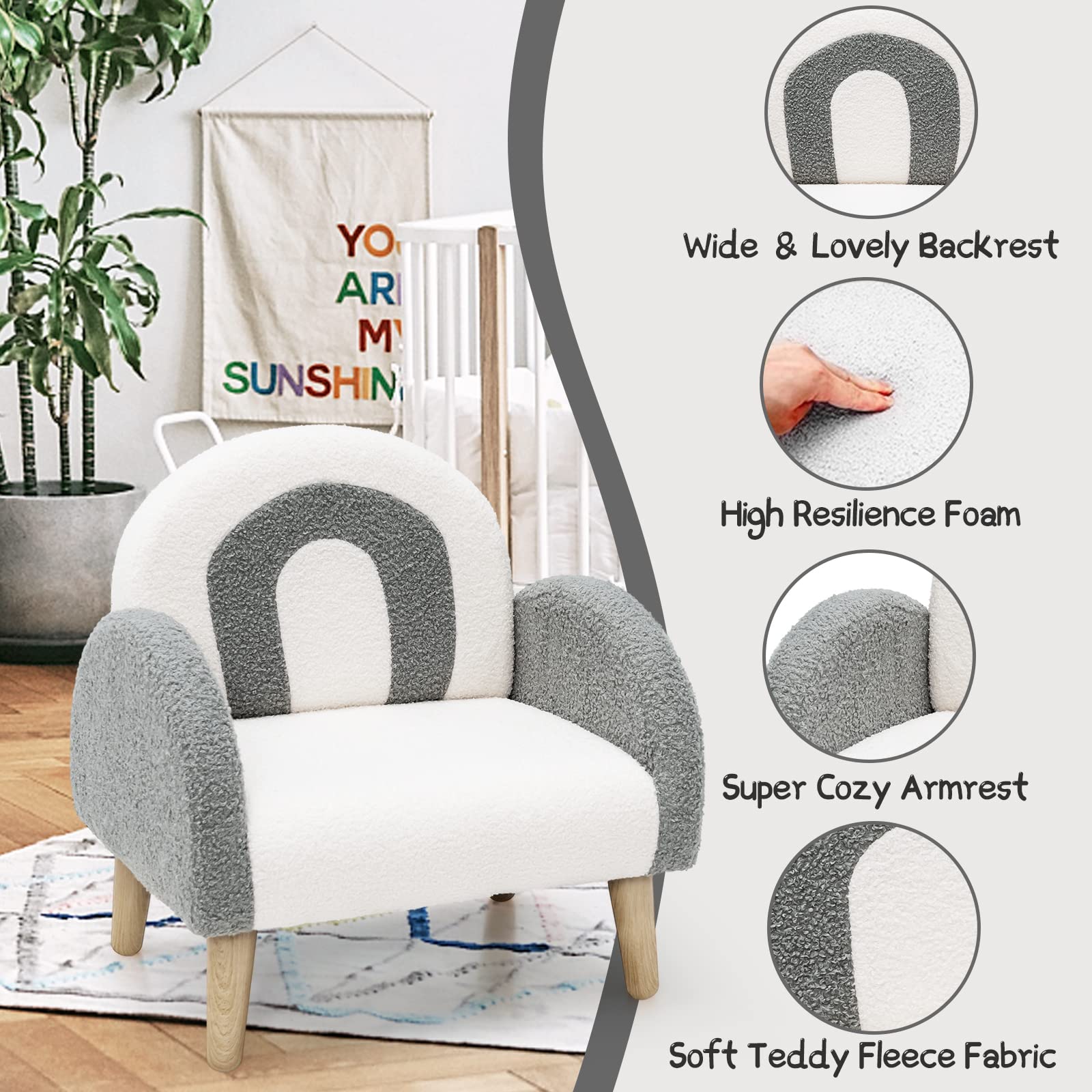 INFANS Kids Sofa, Toddler Armchair with Solid Wooden Frame Anti-Tipping Design Plush Fabric, Upholstered Children Chair