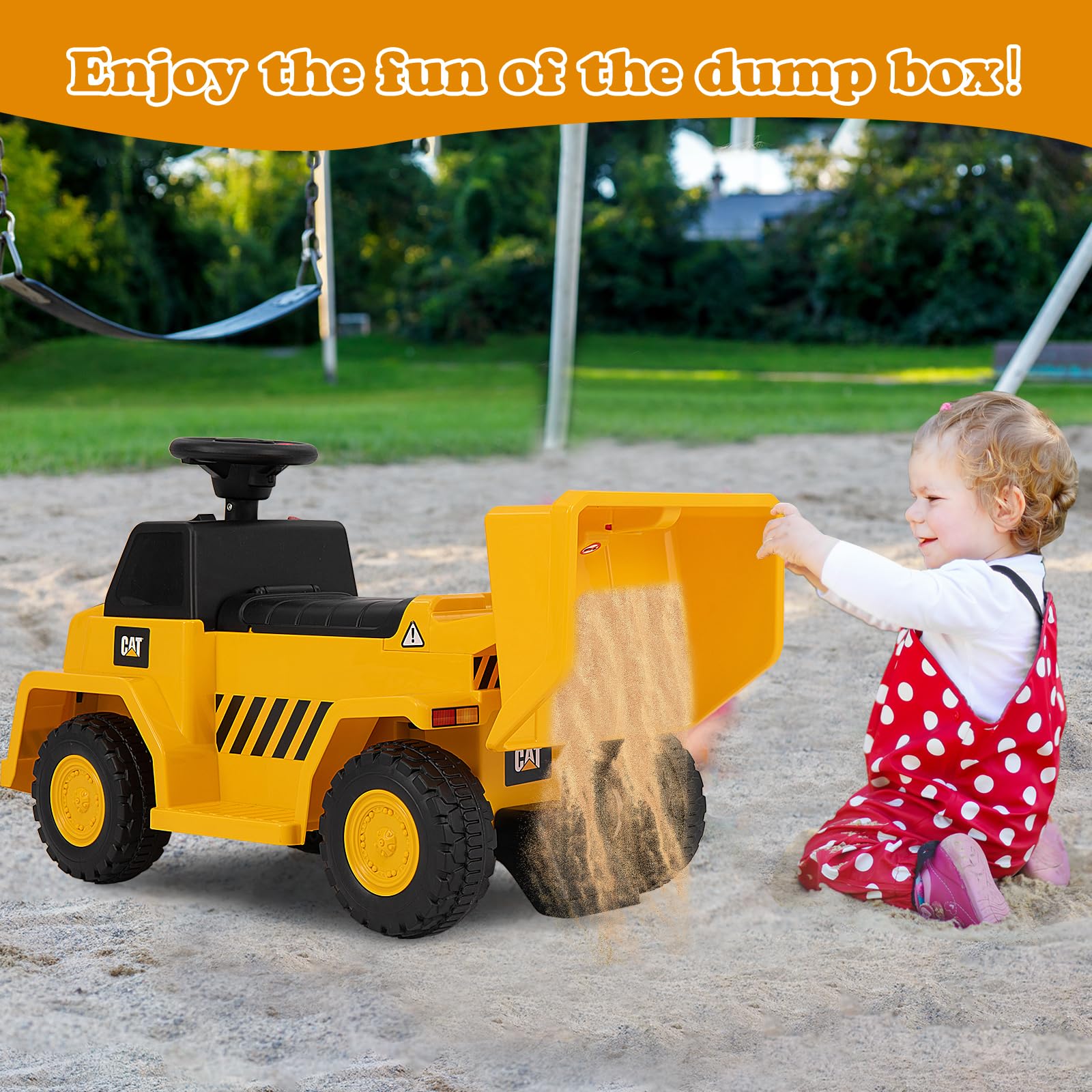 INFANS Licensed Caterpillar Ride on Dump Truck, 6V Cat Construction Car Electric Vehicle with Adjustable Dump Bed