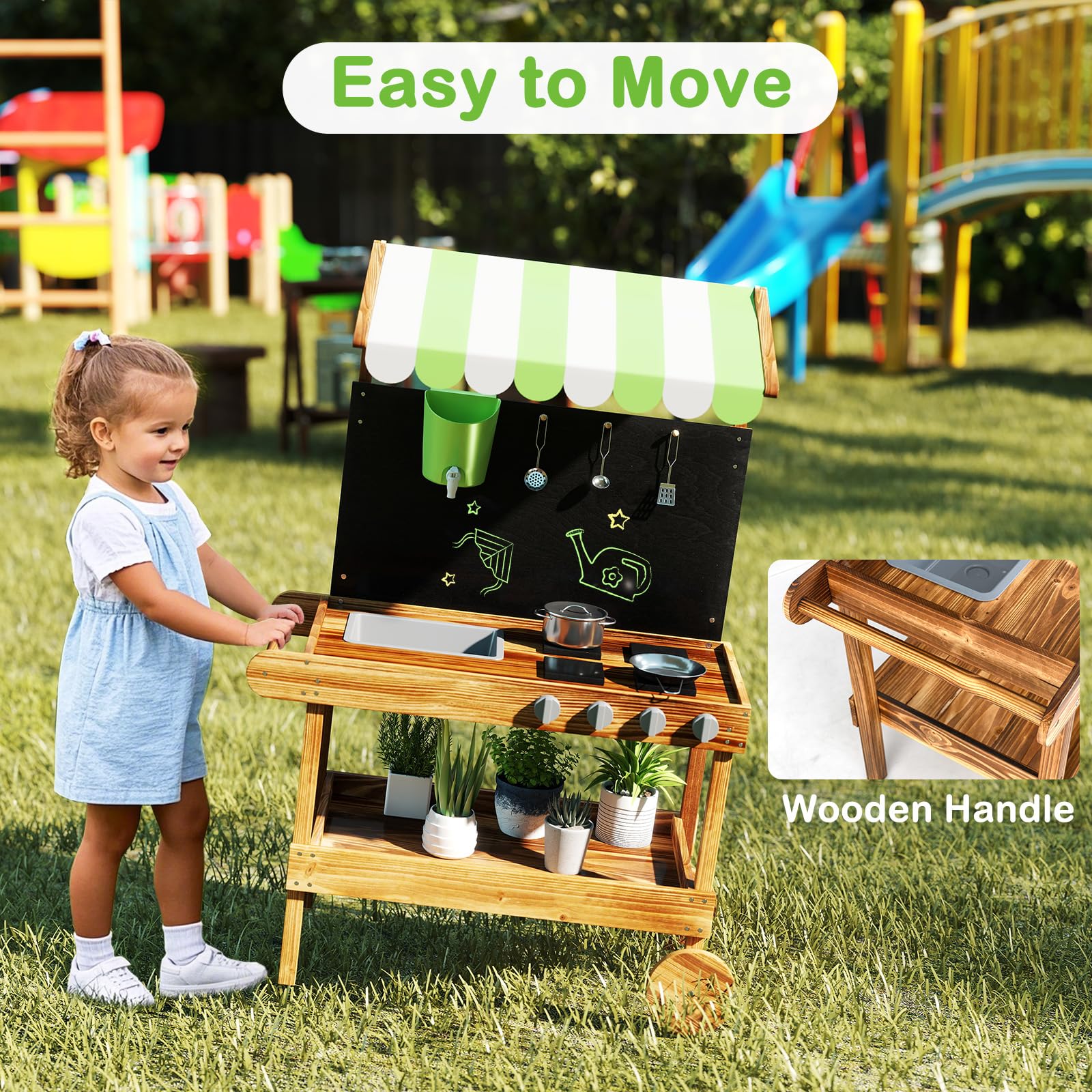 INFANS Outdoor Play Kitchen with Drawing Board Wooden Kids Kitchen Playset Gift