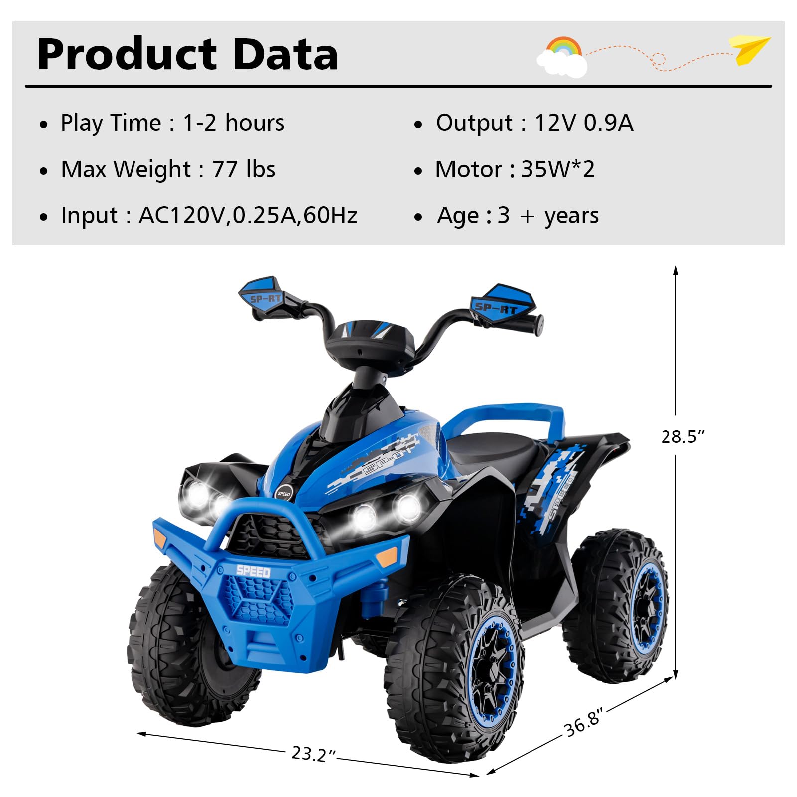 INFANS Kids Ride on ATV, 12V 4 Wheeler Quad Toy Vehicle, Electric Ride on Toy, Battery Powered Wheels Car