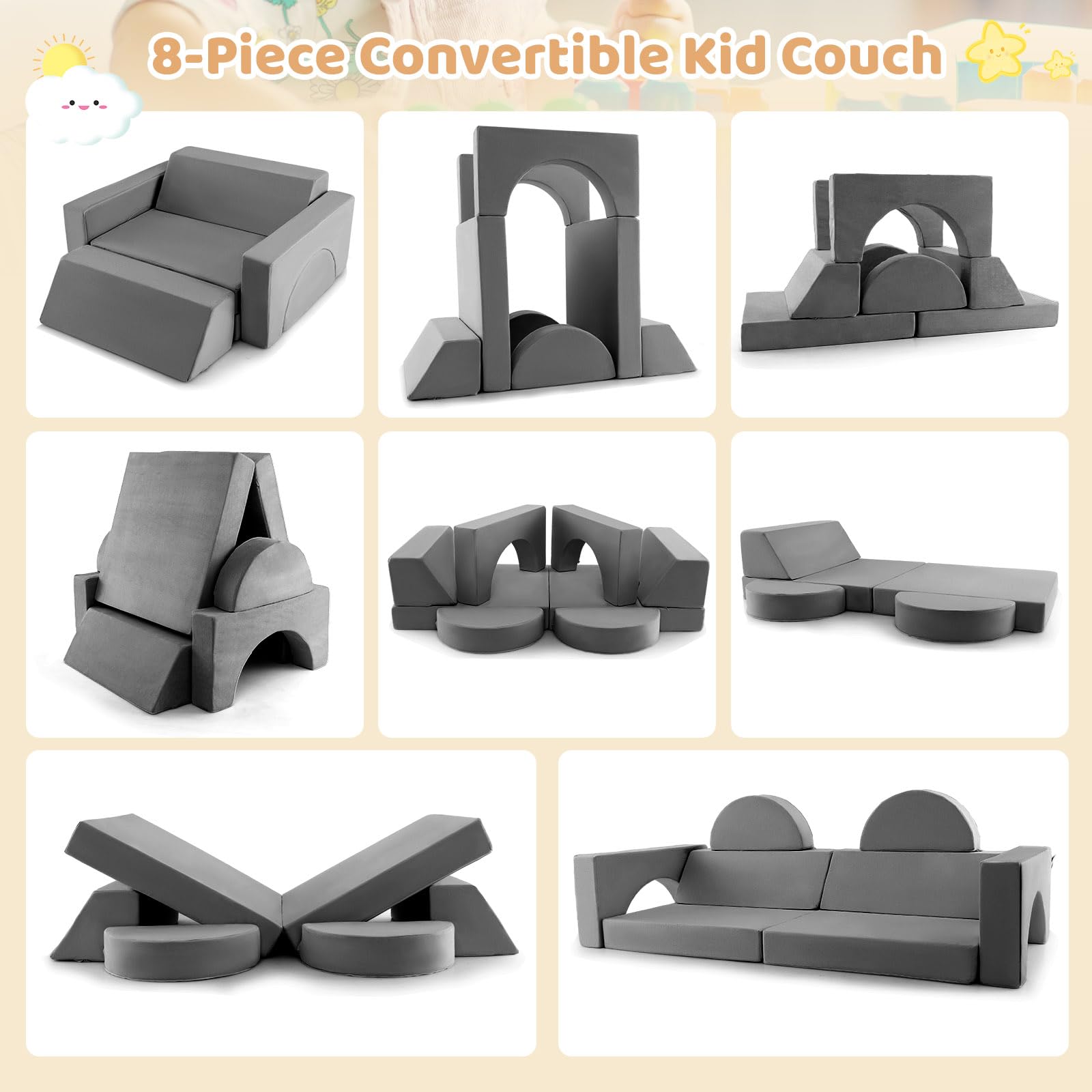 INFANS Mondular Kids Play Couch, 8PCS Toddler Sectional Sofa Building Fort for Bedroom, Imaginative Convertible Floor Cushion