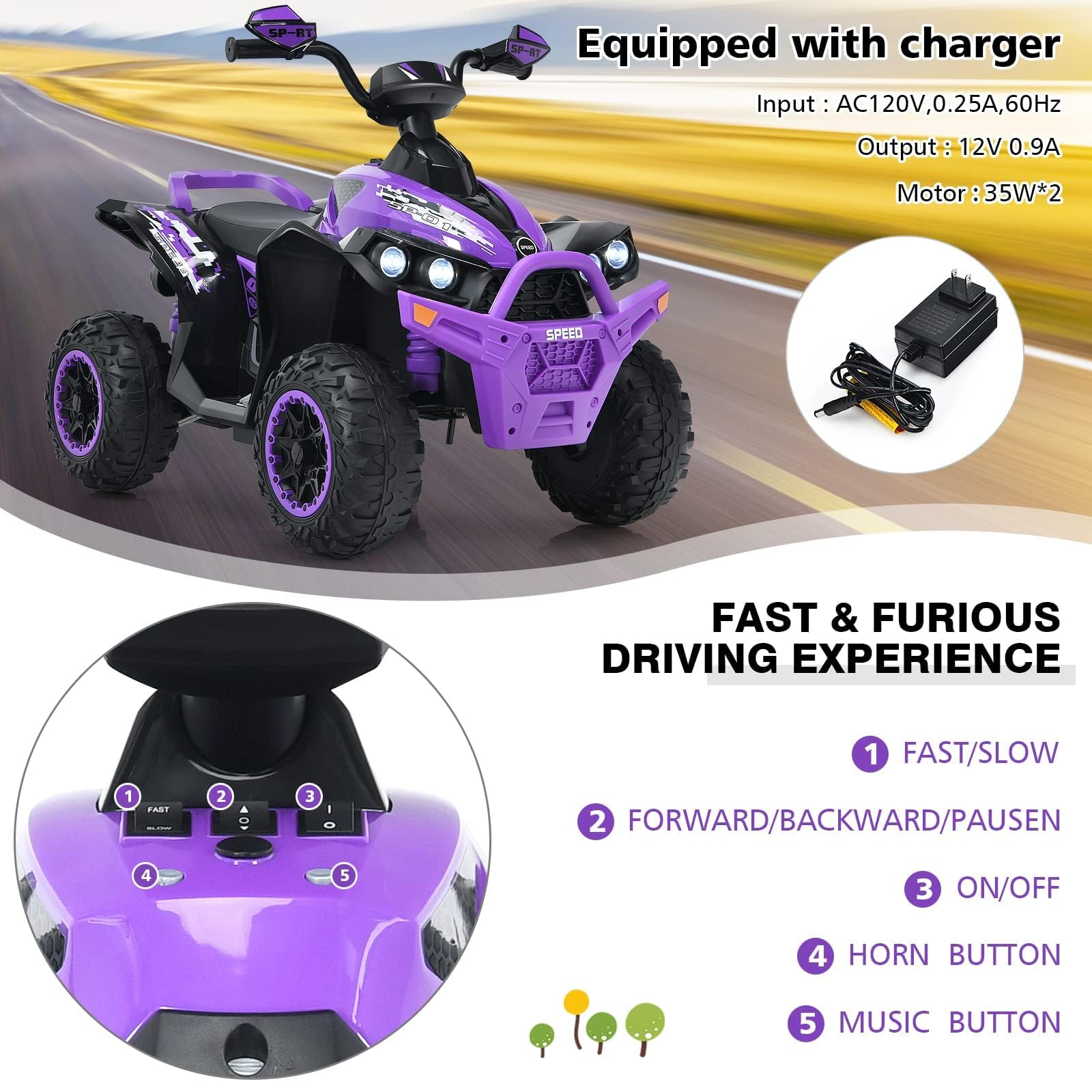 INFANS Kids Ride on ATV, 12V 4 Wheeler Quad Toy Vehicle, Electric Ride on Toy, Battery Powered Wheels Car