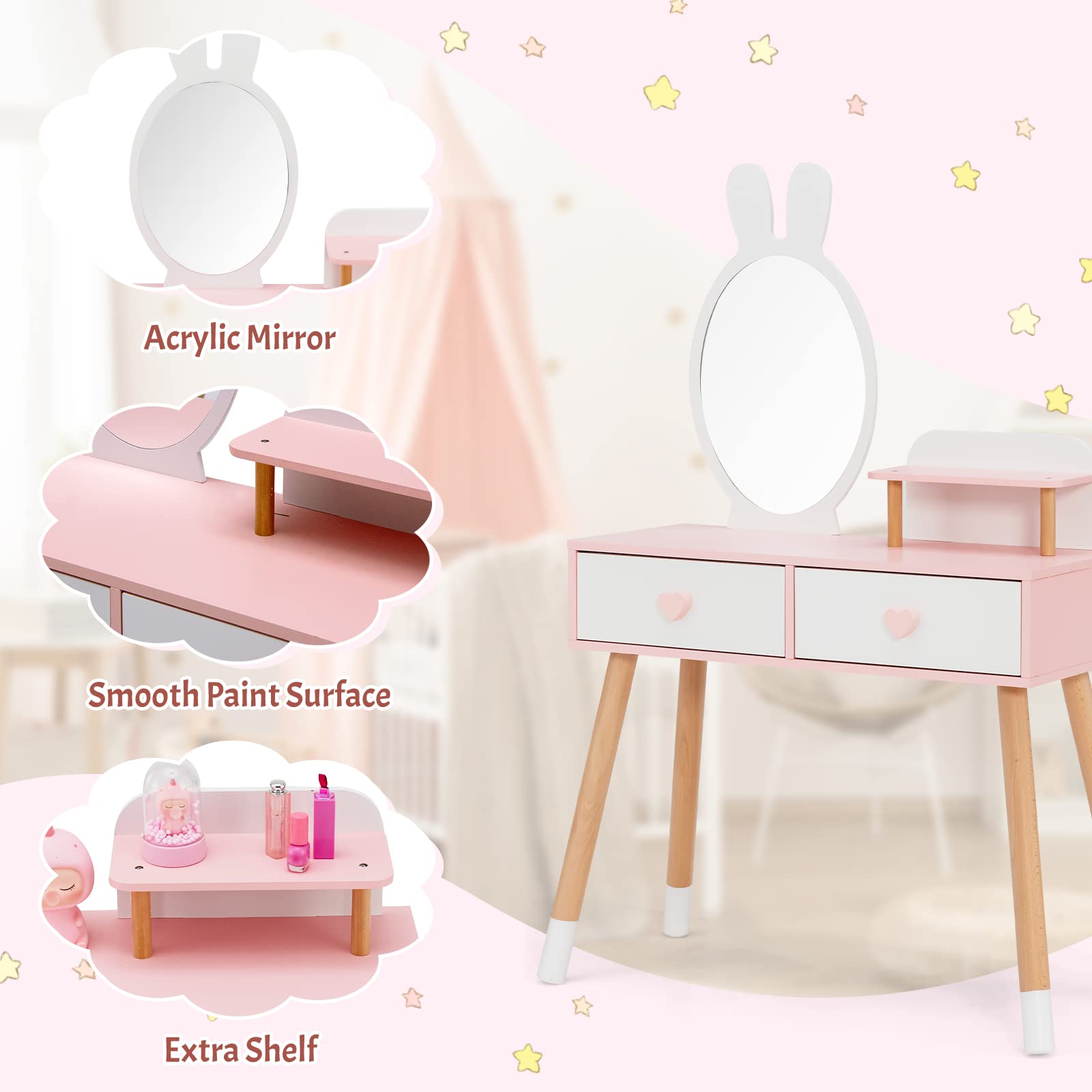 INFANS Kids Vanity Set, 2 in 1 Wooden Princess Makeup Table and Chair with Mirror INFANS