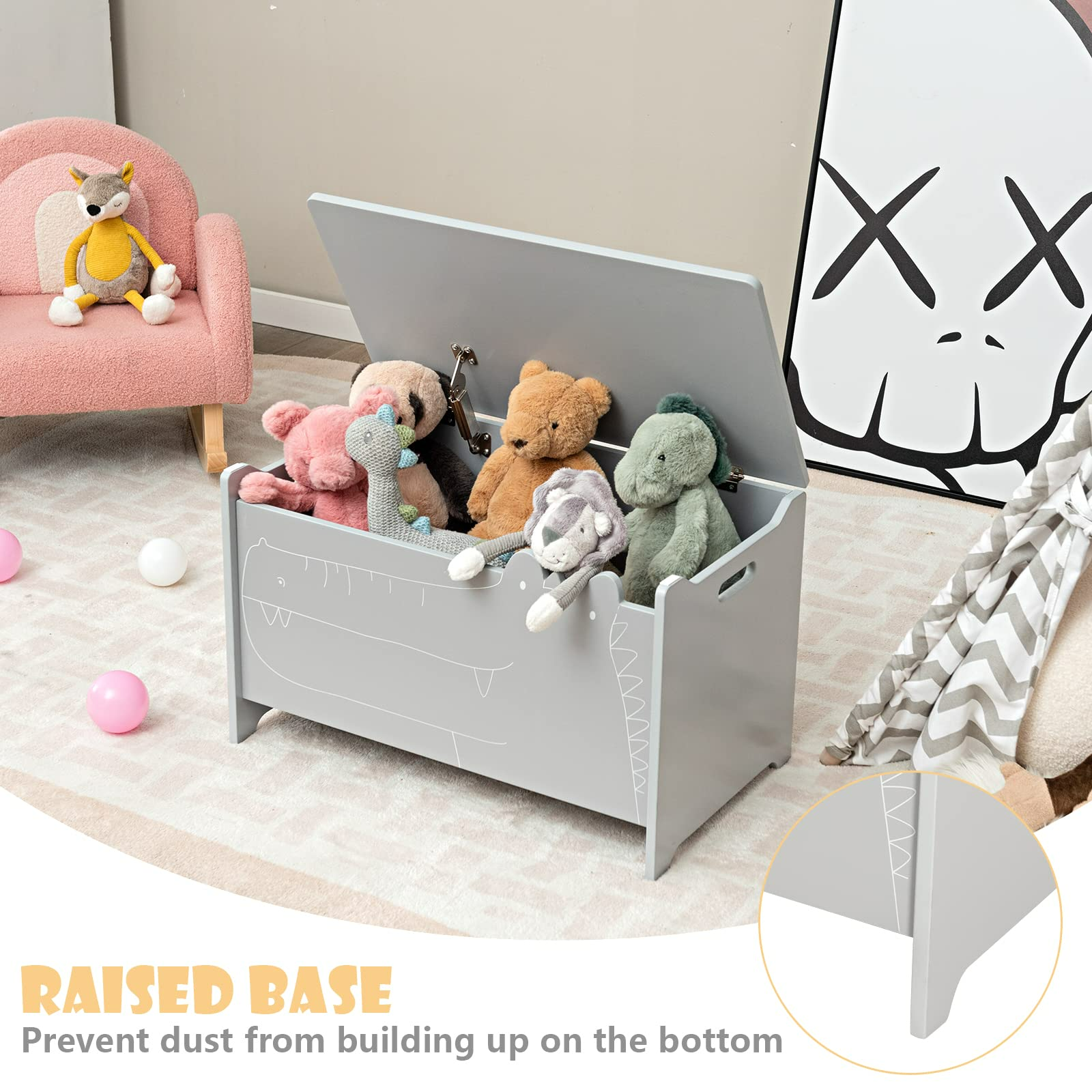 INFANS Wooden Toy Chest , Wide Kids Toy Box Storage Space with Safety Hinge and Handles INFANS