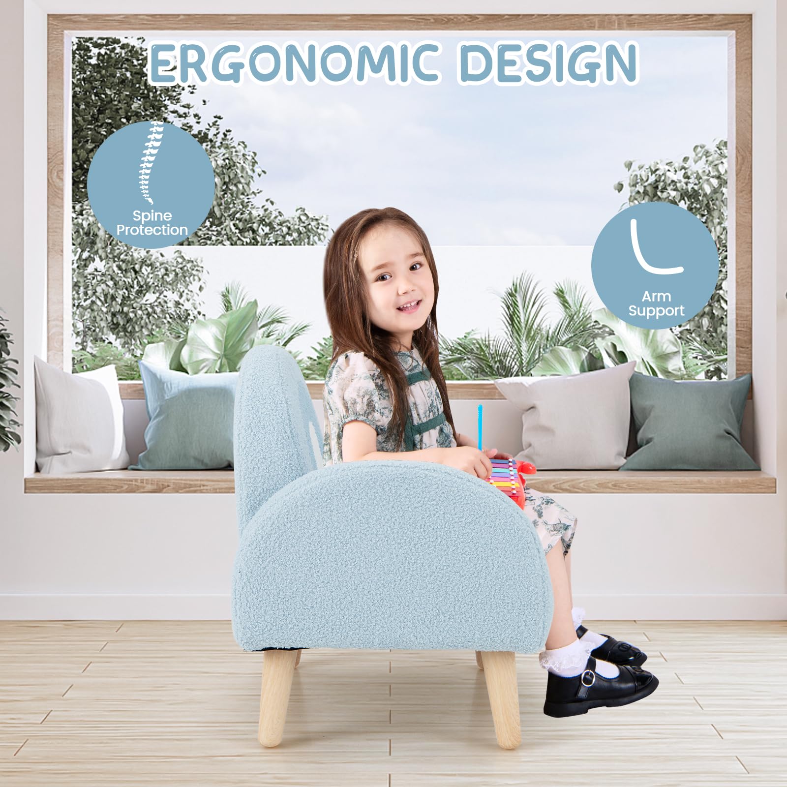 INFANS Kids Sofa, Toddler Armchair with Solid Wooden Frame Anti-Tipping Design Plush Fabric, Upholstered Children Chair