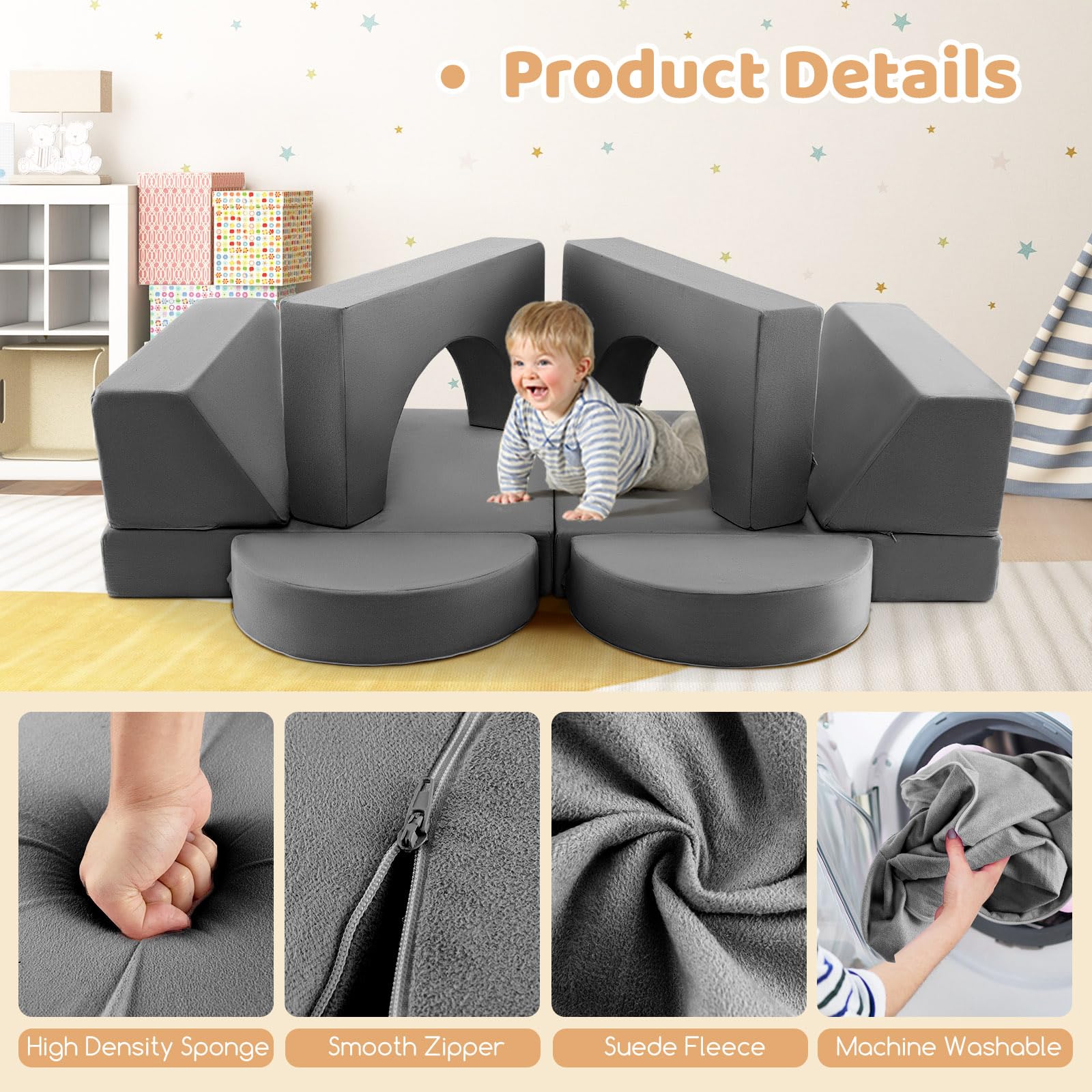 INFANS Mondular Kids Play Couch, 8PCS Toddler Sectional Sofa Building Fort for Bedroom, Imaginative Convertible Floor Cushion