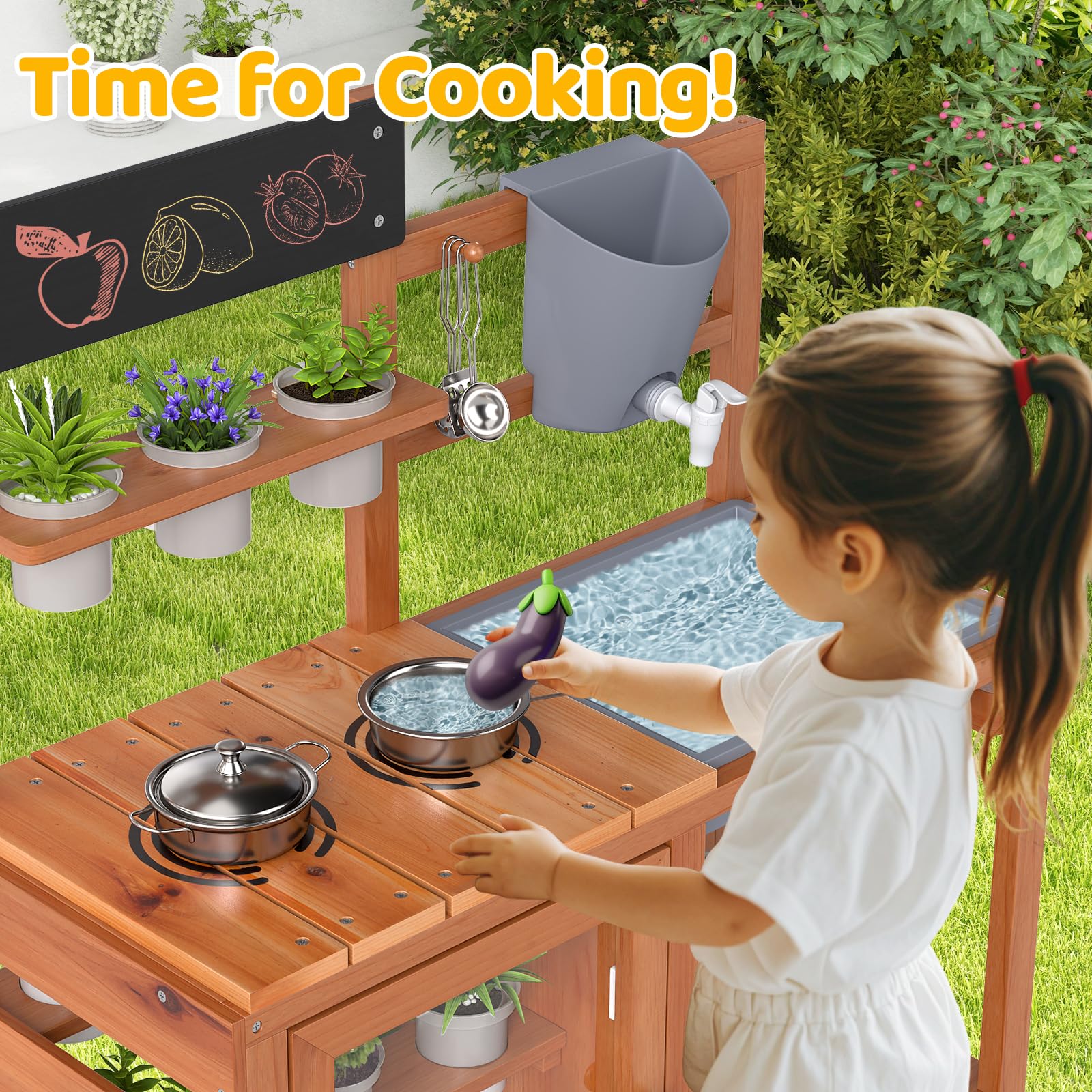 INFANS Mud Kitchen for Kids Outdoor, Wooden Toddler Play Kitchen with Cooking Accessories, Toy Playset for Backyard Garden