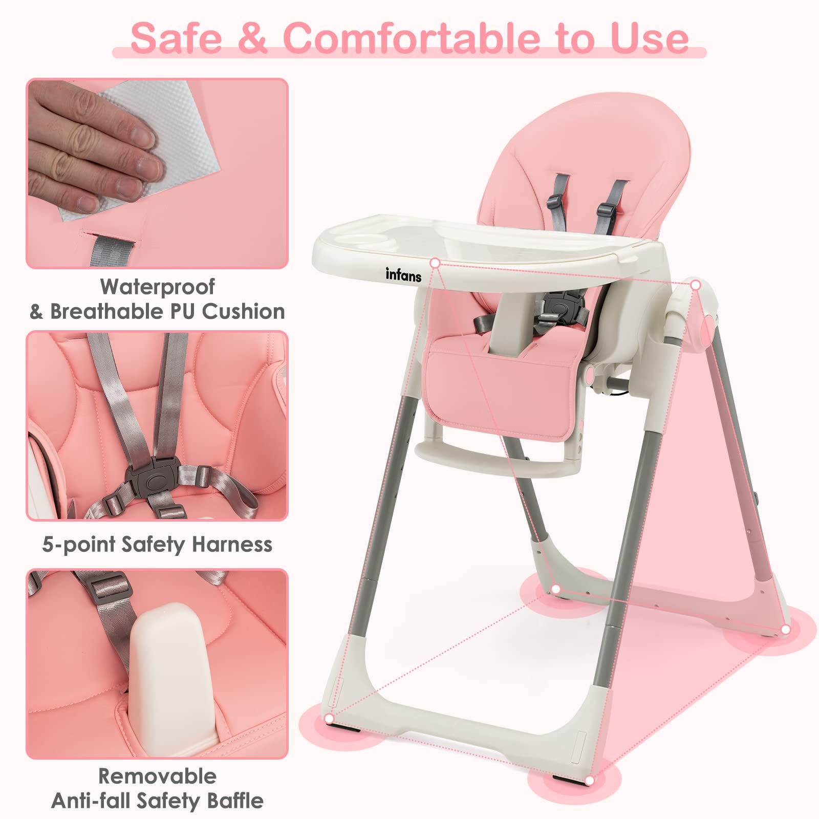 INFANS High Chair for Babies and Toddlers, Foldable Highchair with 7 Different Heights 4 Reclining Backrest Seat 3 Setting Footrest INFANS