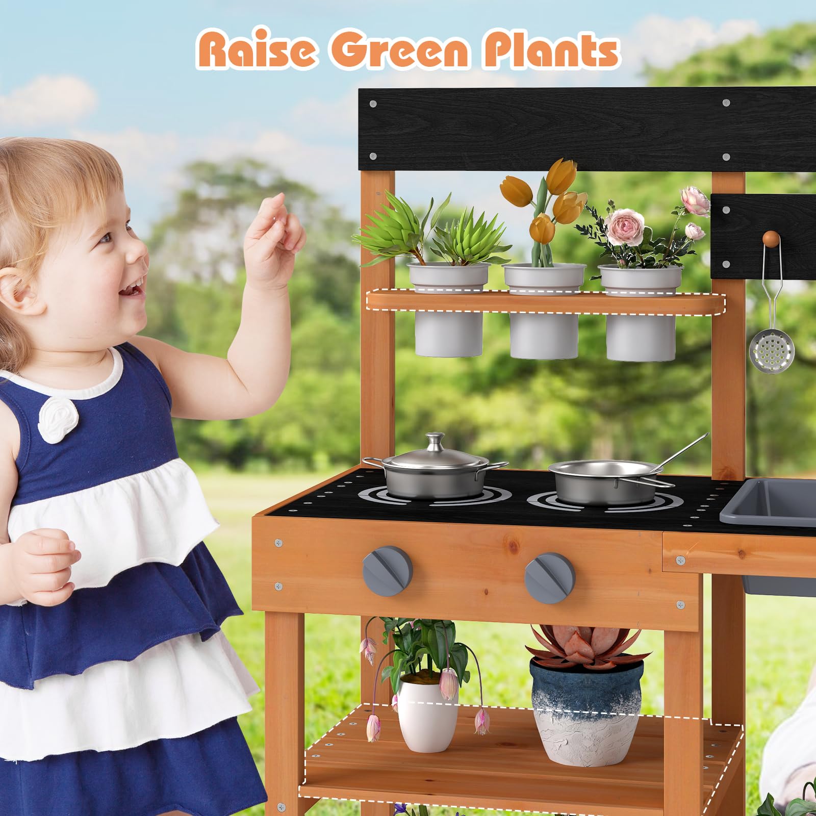 INFANS Mud Kitchen for Kids Outdoor, Wooden Toddler Play Kitchen with Cooking Accessories, Toy Playset for Backyard Garden