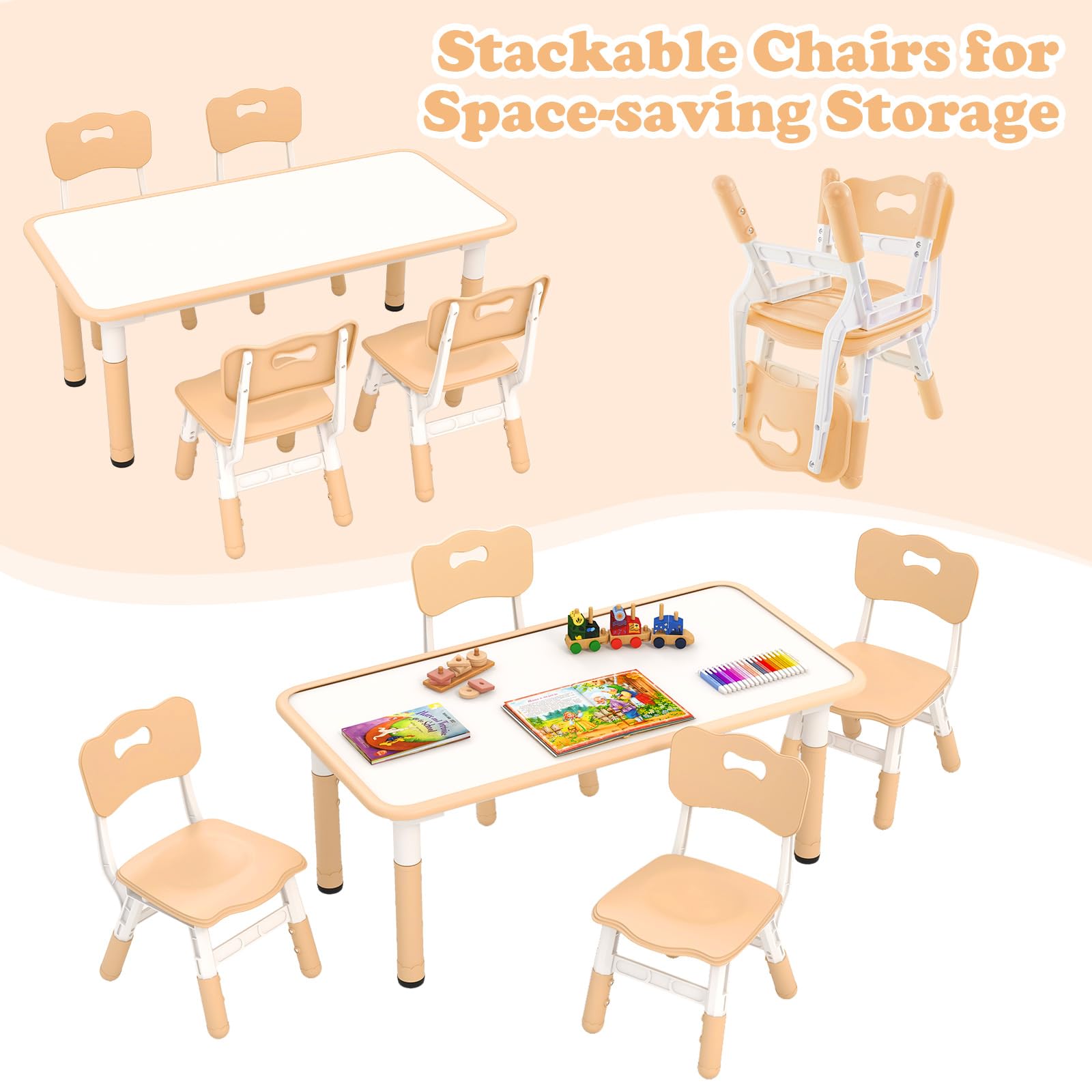 INFANS Kids Table and Chiar Set, Height Adjustable Toddler Desk and 4 Chairs, Large 47" L x 23.5" W Multi-Activity Art Table