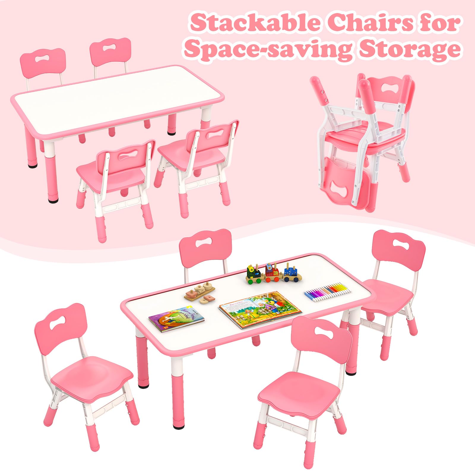 INFANS Kids Table and Chiar Set, Height Adjustable Toddler Desk and 4 Chairs, Large 47" L x 23.5" W Multi-Activity Art Table