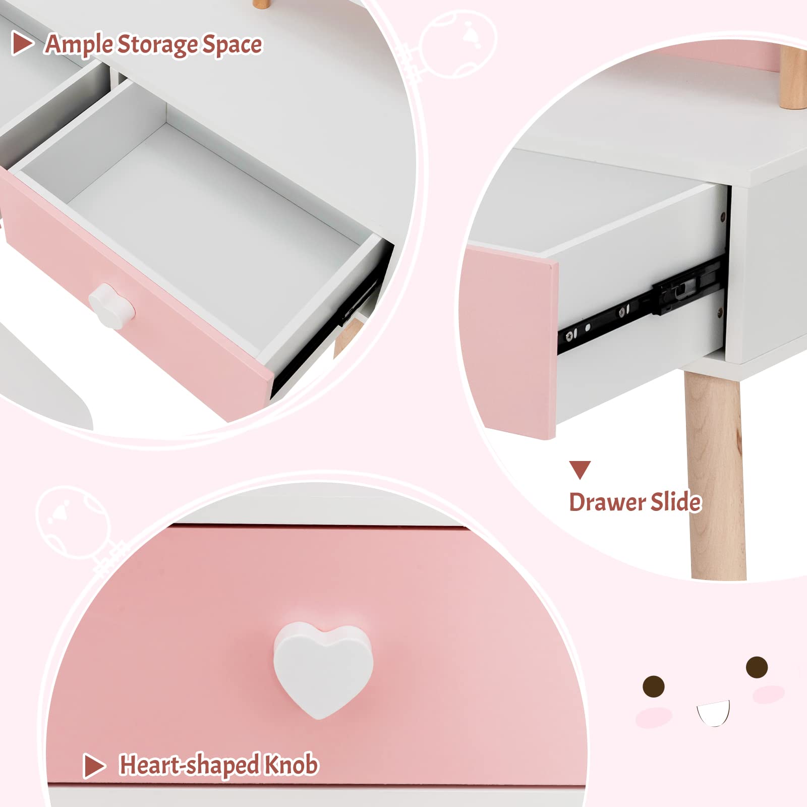 INFANS Kids Vanity Set, 2 in 1 Wooden Princess Makeup Table and Chair with Mirror INFANS