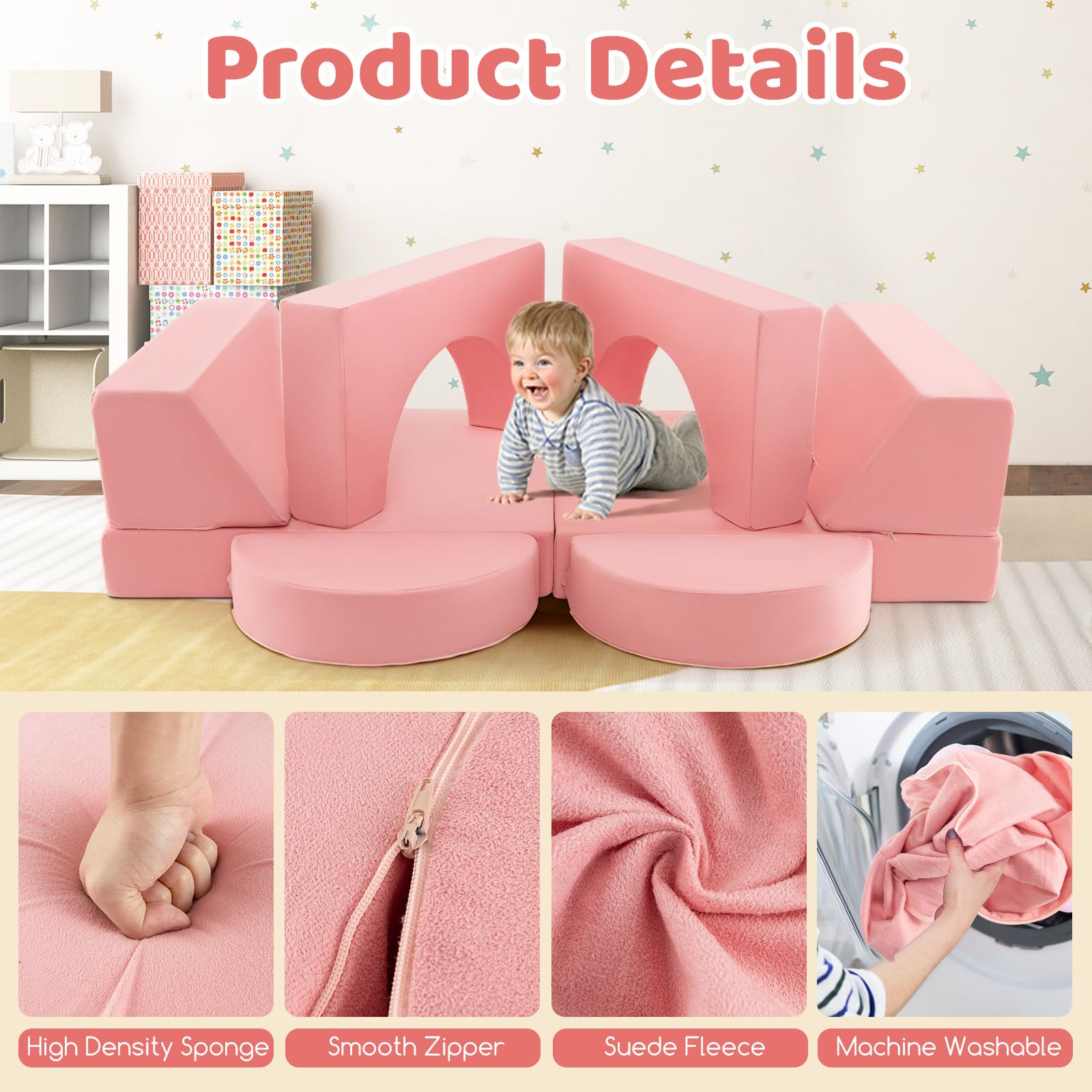 INFANS Mondular Kids Play Couch, 8PCS Toddler Sectional Sofa Building Fort for Bedroom, Imaginative Convertible Floor Cushion