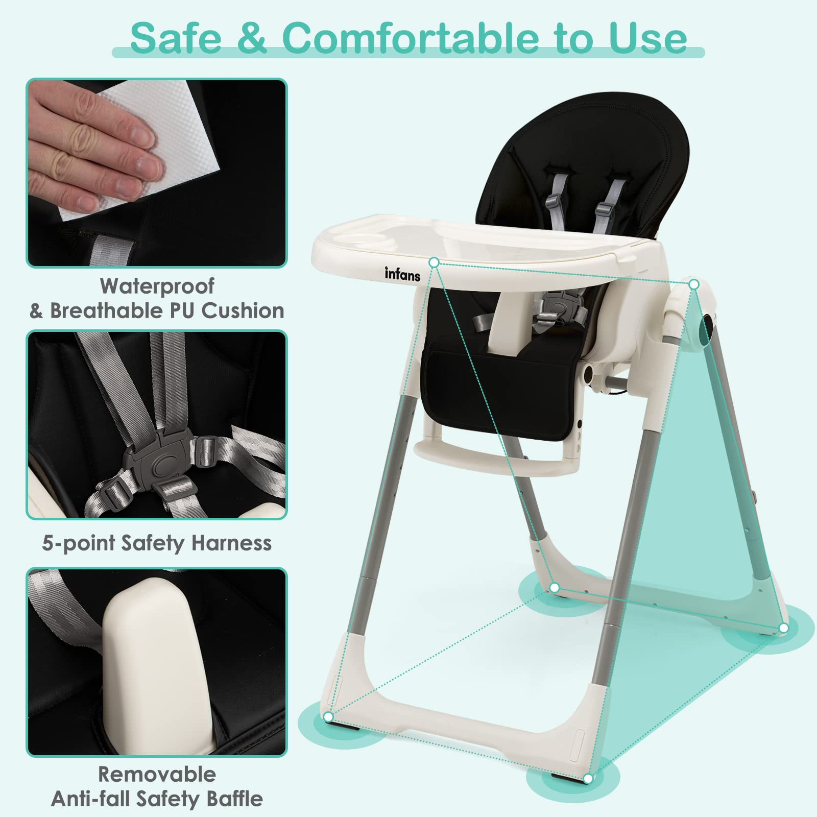 INFANS High Chair for Babies and Toddlers, Foldable Highchair with 7 Different Heights 4 Reclining Backrest Seat 3 Setting Footrest INFANS