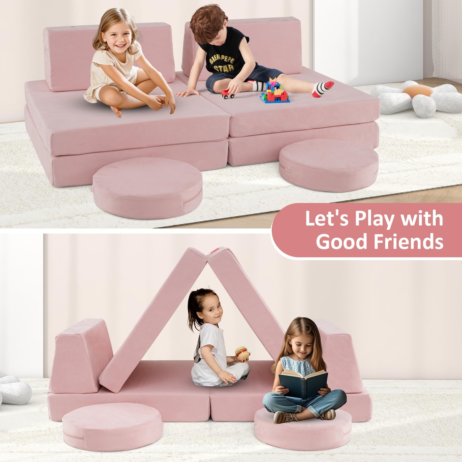 INFANS Modular Kids Play Couch, 6 PCS Toddler Creative Sectional Fort Building Sofa for Playroom, Bedroom
