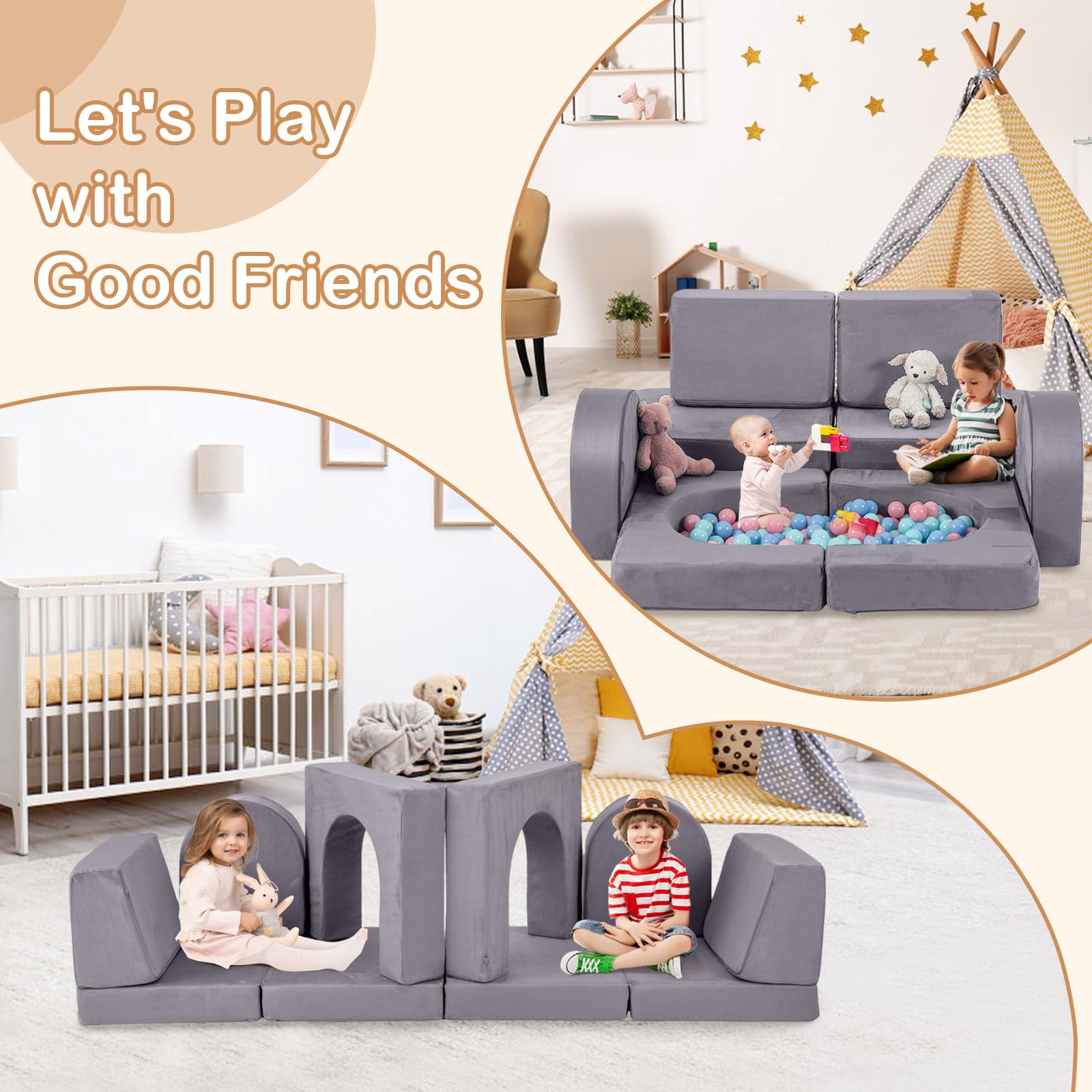 INFANS Modular Kids Play Couch, 8 PCS Toddler Creative Sectional Fort Building Sofa
