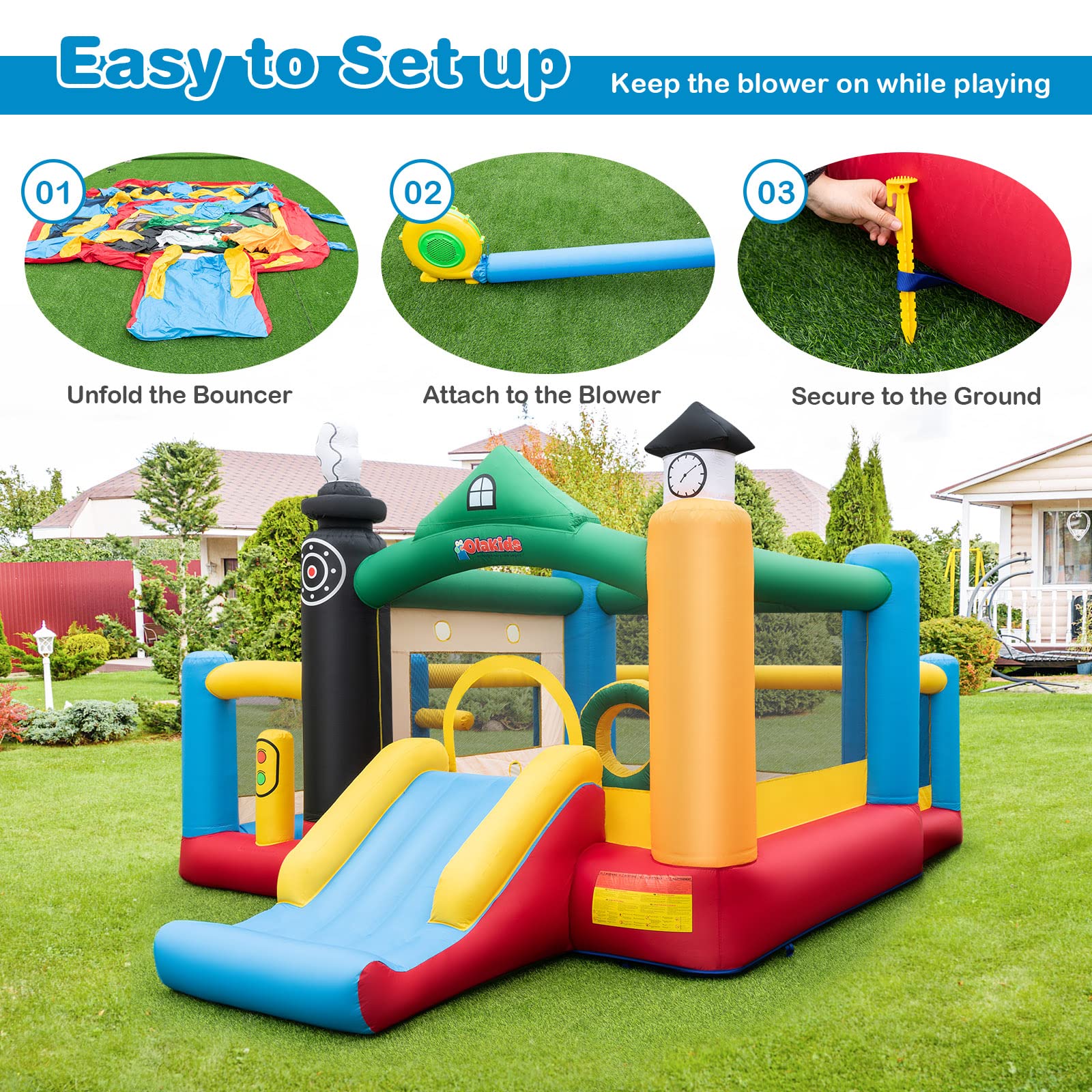 INFANS Inflatable Bounce House, Train Theme Kids Jumping Castle, Inflatable Obstacle Course with 950W Blower