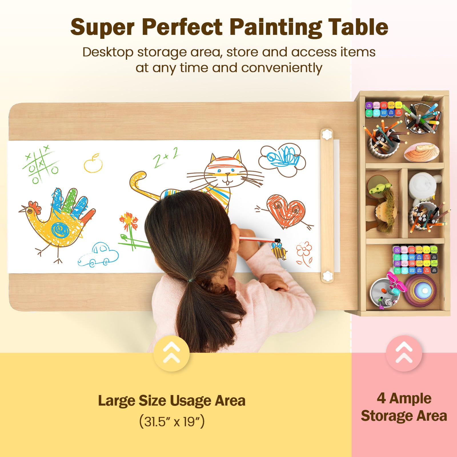 INFANS Kids Table and Chair Set, Toddler Art Craft Play Wood Activity Desk with 2 Chairs 4 Storage Canvas Bins Paper Roll