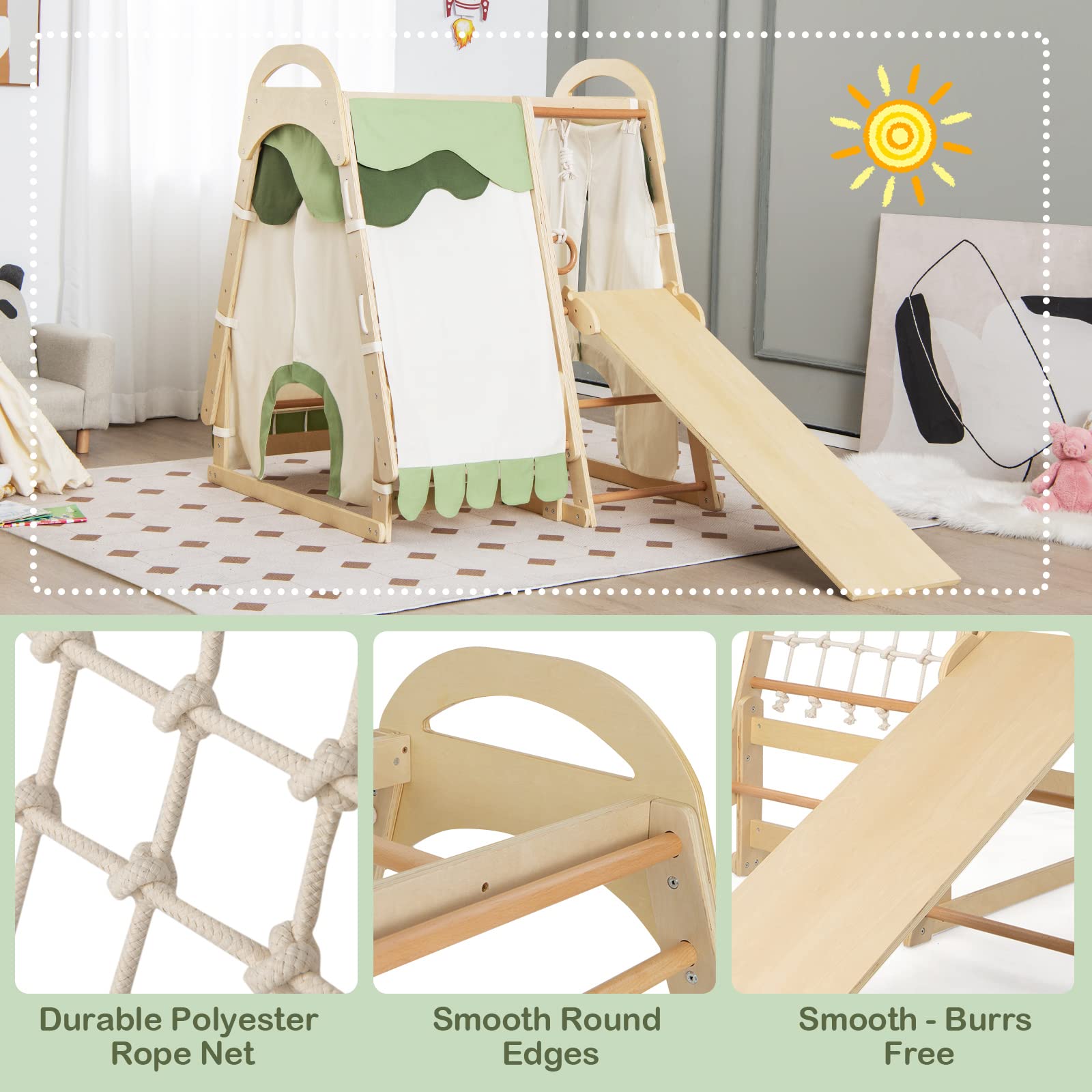 NFANS 7 in 1 Wooden Montessori Climber Playset with Tent Slide Climbing Rock Climbing Net