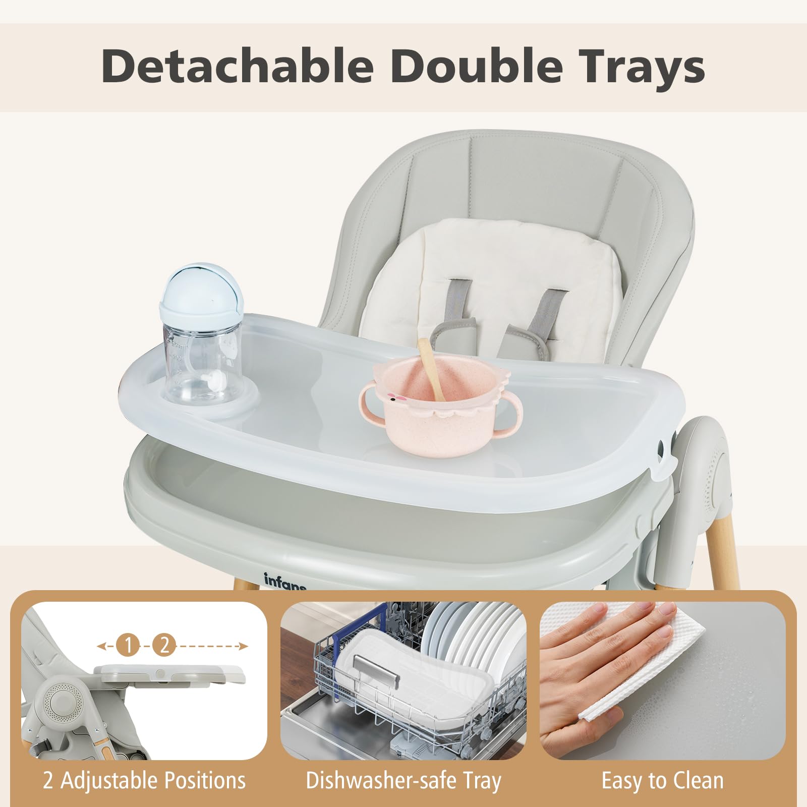 INFANS Baby High Chair, High Chairs for Babies & Toddlers with Adjustable Height, Easy to Clean Convertible Quick Folding
