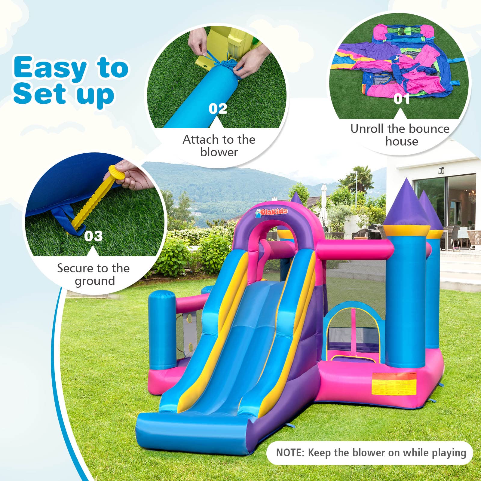 INFANS Inflatable Bounce House, Kids Pink Jumping Castle with Slide, Ball Pit, Climbing Wall, Basketball Rim