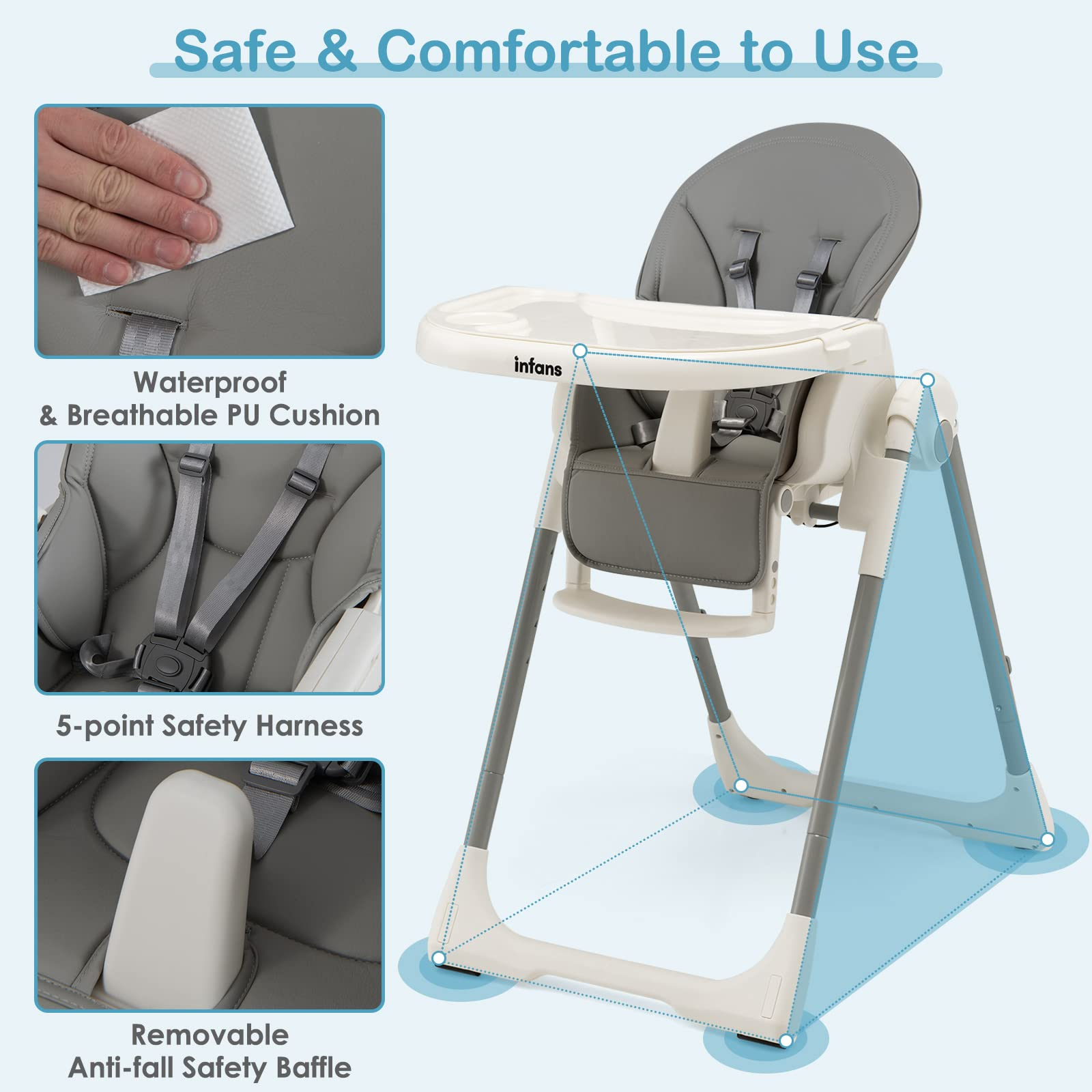 INFANS High Chair for Babies and Toddlers, Foldable Highchair with 7 Different Heights 4 Reclining Backrest Seat 3 Setting Footrest INFANS