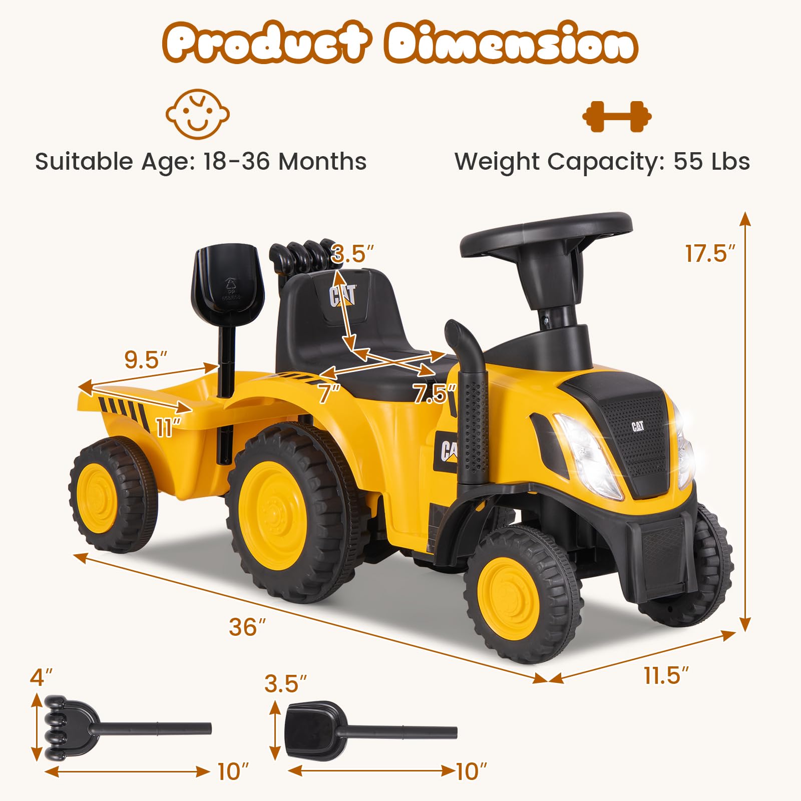 INFANS Licensed Caterpillar Ride on Tractor, Foot to Floor Sliding Truck with Detachable Trailer, Toy Walker for Kids Age 1.5-3