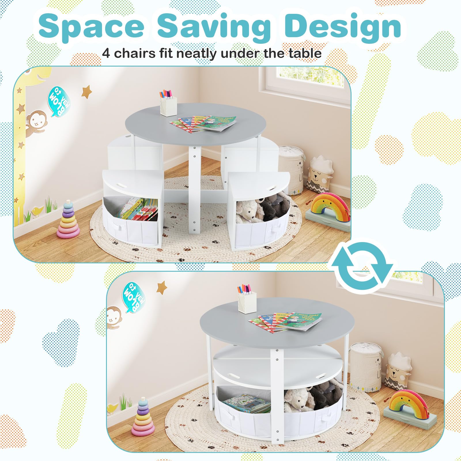 INFANS Toddler Table and Chair Set, Wooden Table and 4 Chairs with Nesting Design, Children Multi-Activity Table