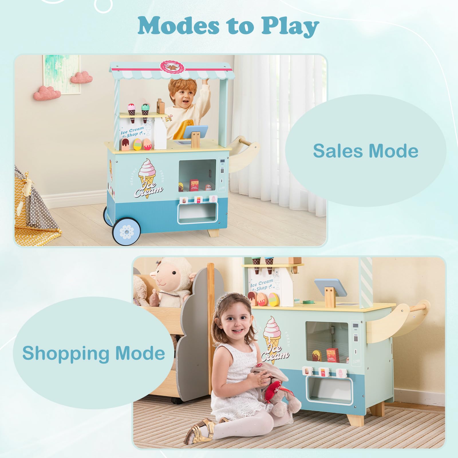 INFANS Ice Cream Cart Grocery Store Marketplace Toy, Market Stand Shop Pretend Play Set with Accessories Gift for Ages 3+