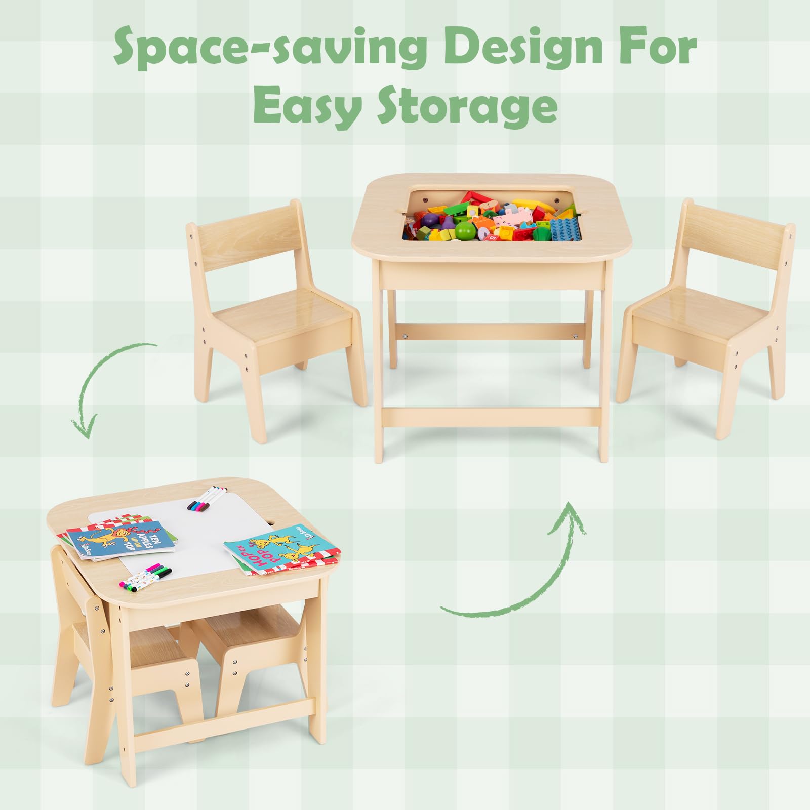 INFANS Kids Table and Chair Set, 3 in 1 Wooden Activity Table with Removable Tabletop, Blackboard and Whiteboard