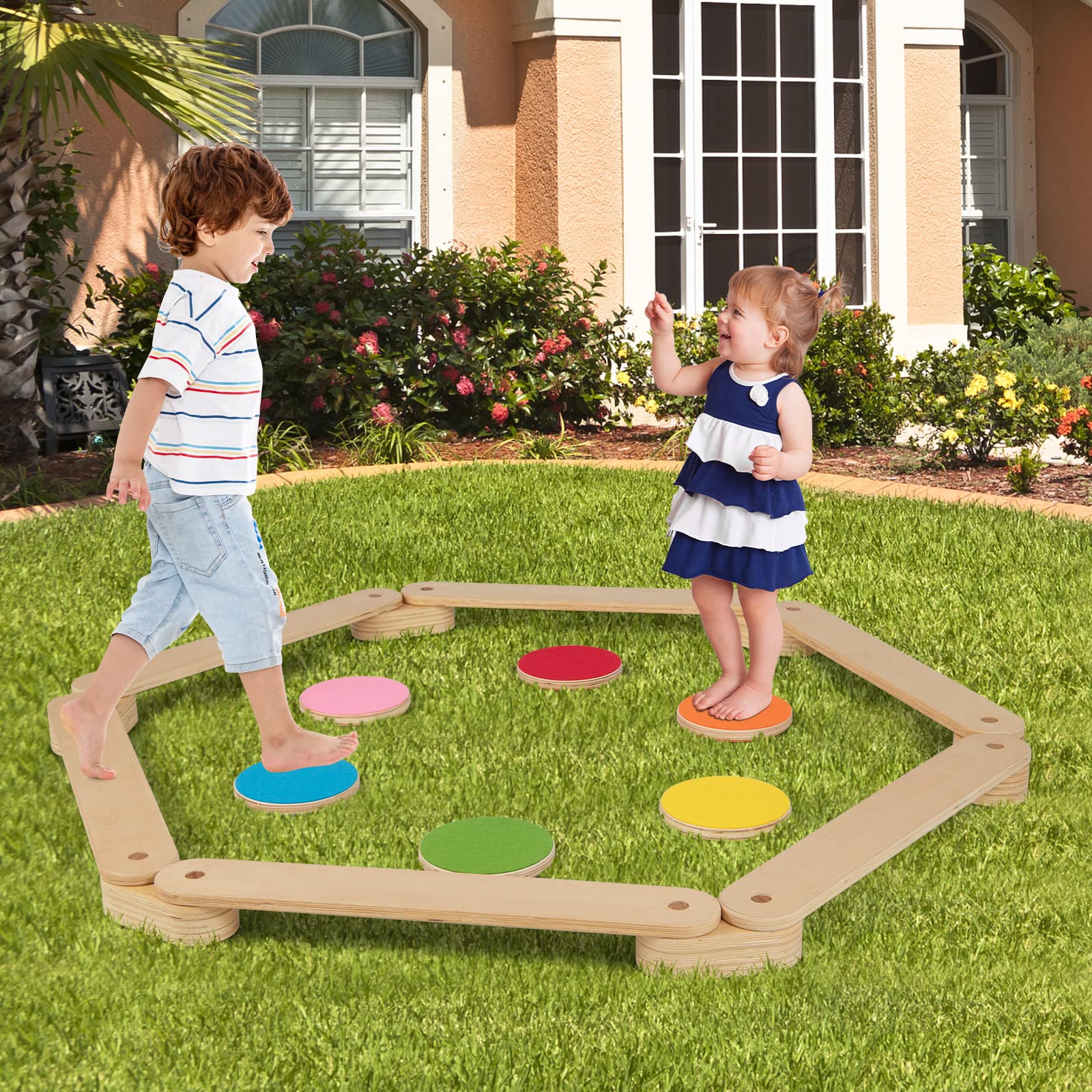 INFANS Montessori Wooden Balance Beam Stepping Stones for Kids, 12 Piece Obstacle Course for Playroom