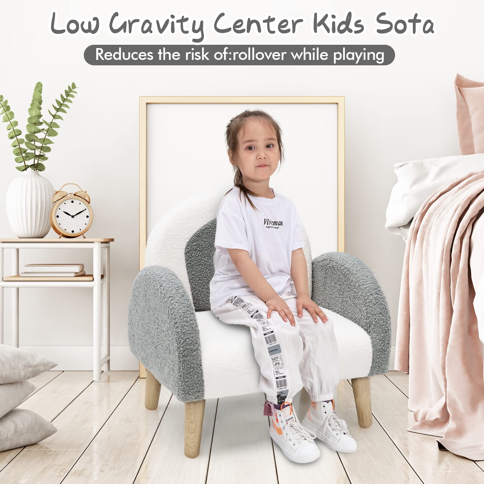INFANS Kids Sofa, Toddler Armchair with Solid Wooden Frame Anti-Tipping Design Plush Fabric, Upholstered Children Chair