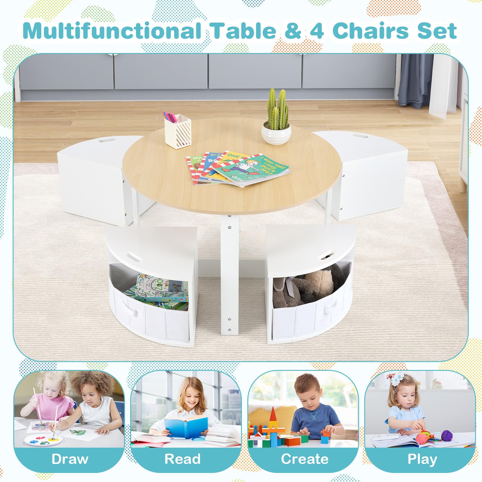 INFANS Toddler Table and Chair Set, Wooden Table and 4 Chairs with Nesting Design, Children Multi-Activity Table