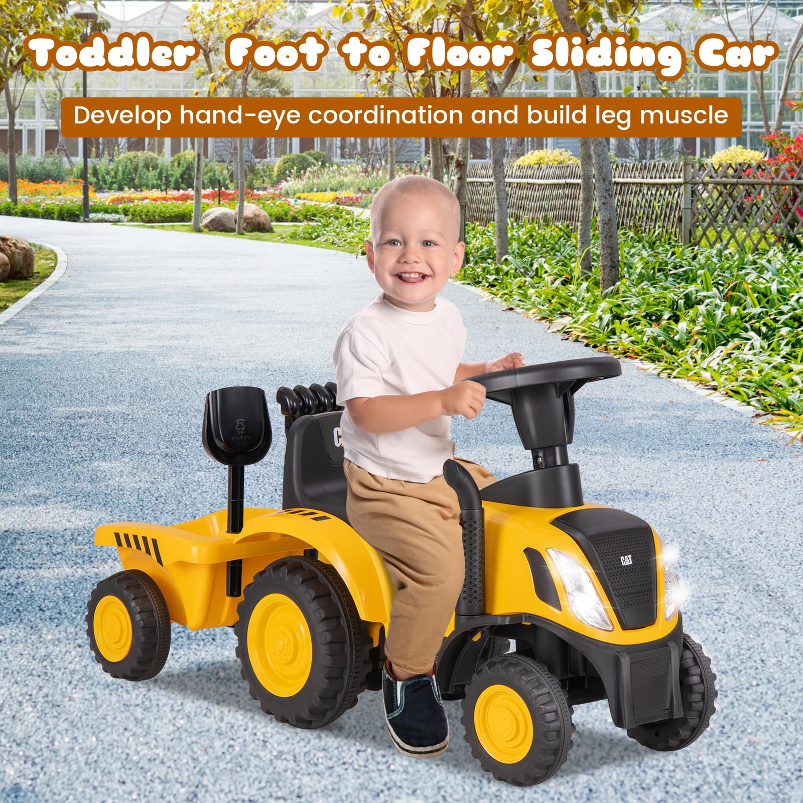 INFANS Licensed Caterpillar Ride on Tractor, Foot to Floor Sliding Truck with Detachable Trailer, Toy Walker for Kids Age 1.5-3