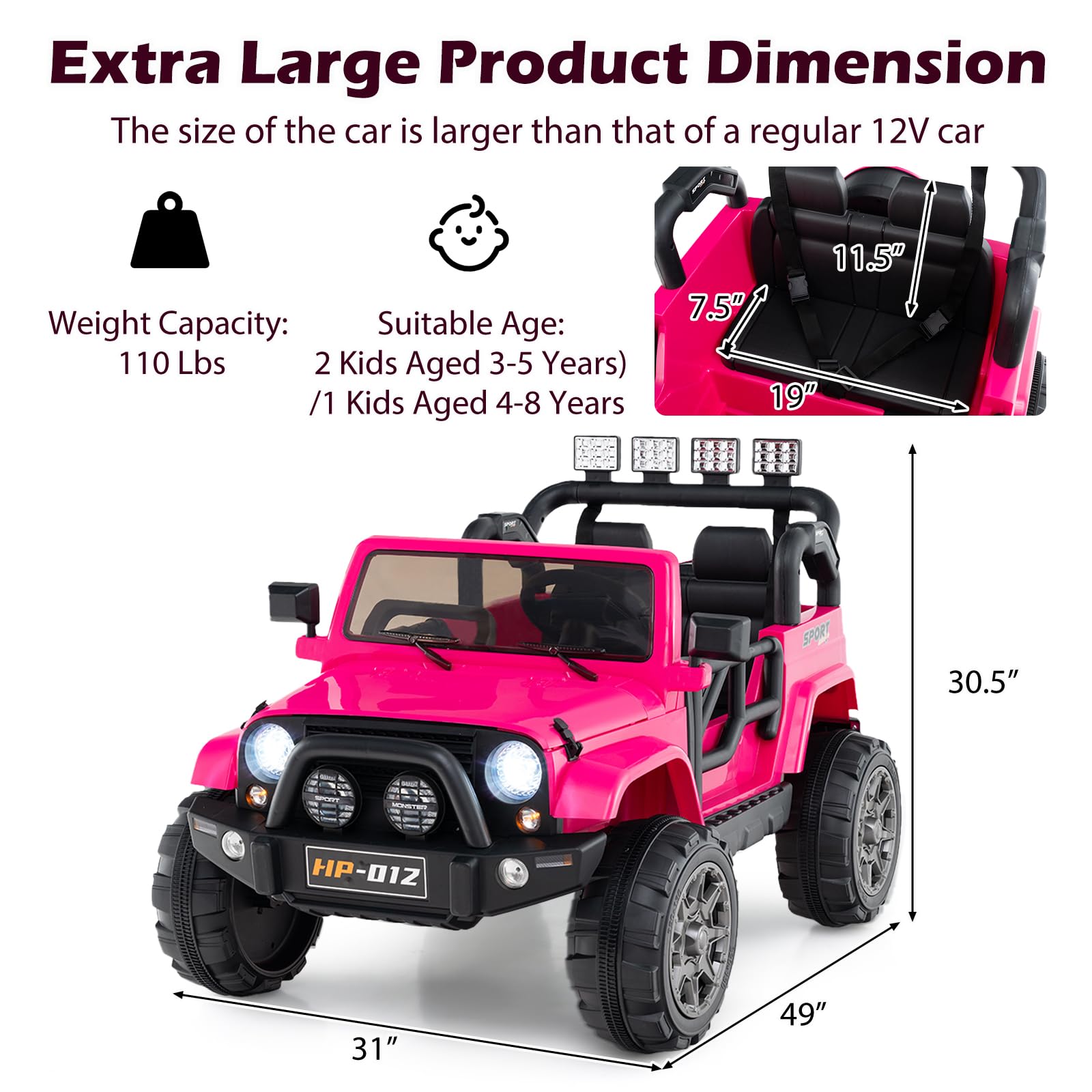 INFANS 2 Seater Ride on Truck, 12V Battery Powered Electric Vehicle for Kids with Remote Control, Power Display, LED Lights