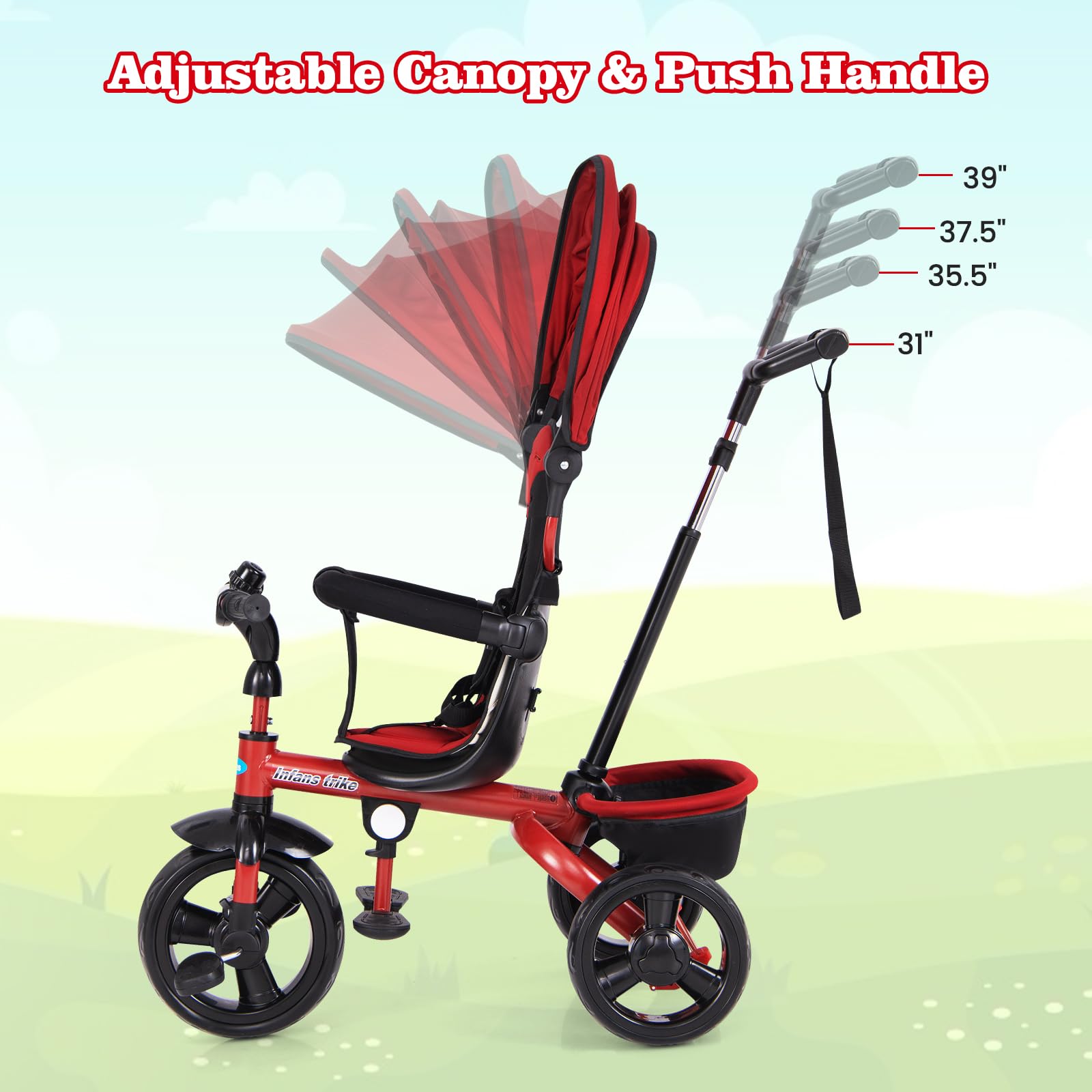 INFANS Kids Tricycle, 4 in 1 Stroll Trike with Adjustable Push Handle, Suitable for 10 Months to 5 Years