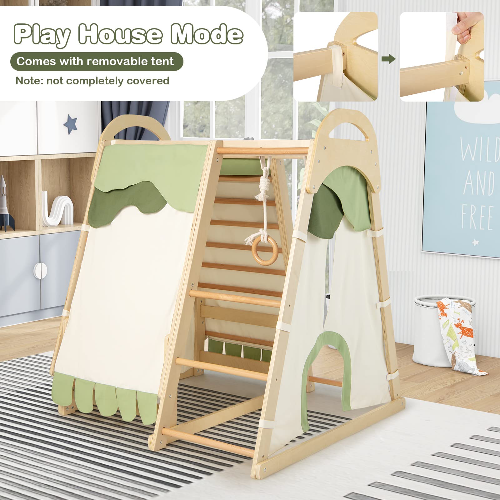 NFANS 7 in 1 Wooden Montessori Climber Playset with Tent Slide Climbing Rock Climbing Net