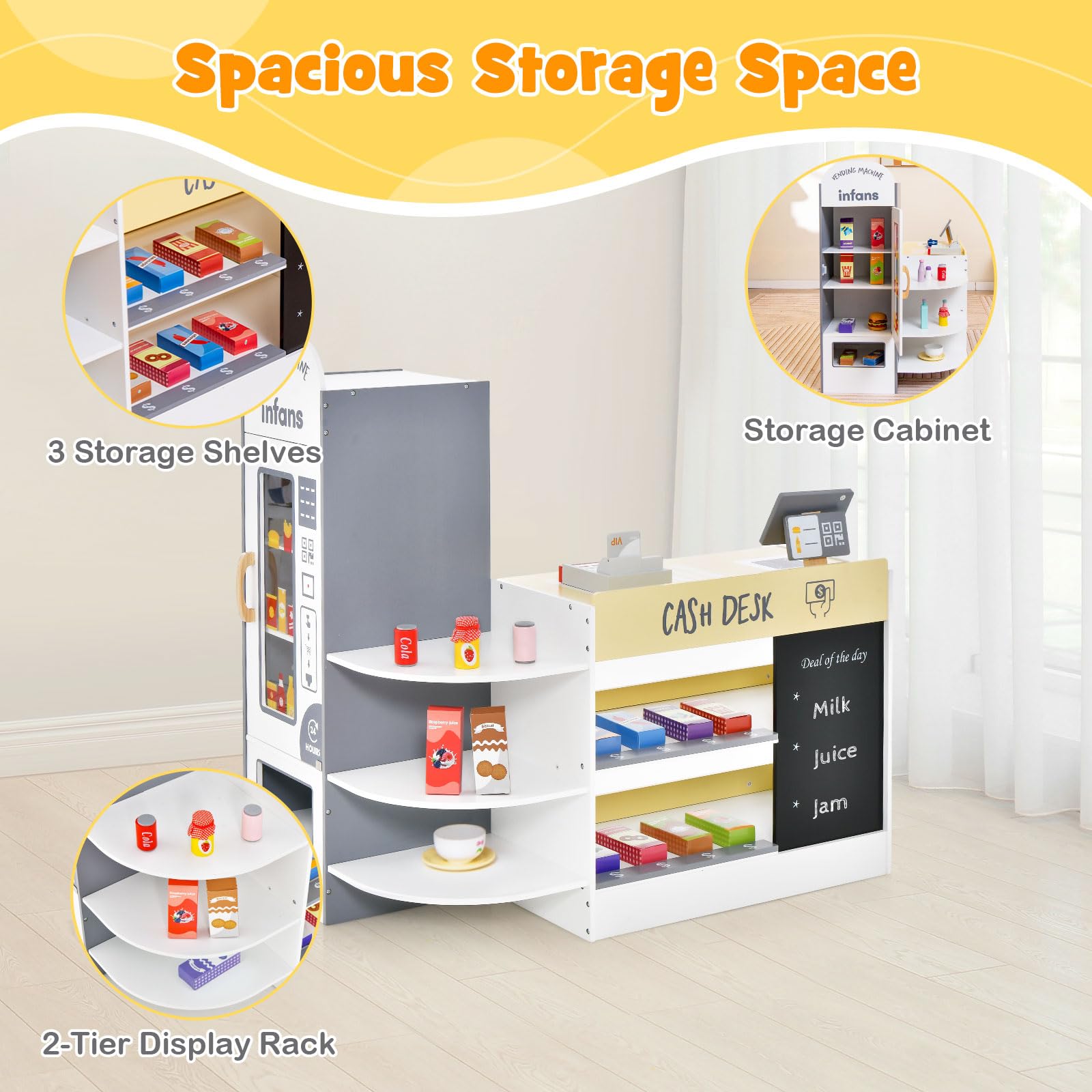 INFANS Kids Grocery Store Playset, Wooden Supermarket Toy Set with Cash Register, Vending Machine, Pretend Play Store