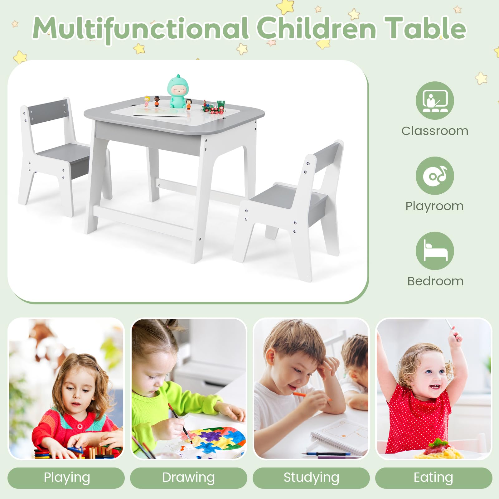 INFANS Kids Table and Chair Set, 3 in 1 Wooden Activity Table with Removable Tabletop, Blackboard and Whiteboard