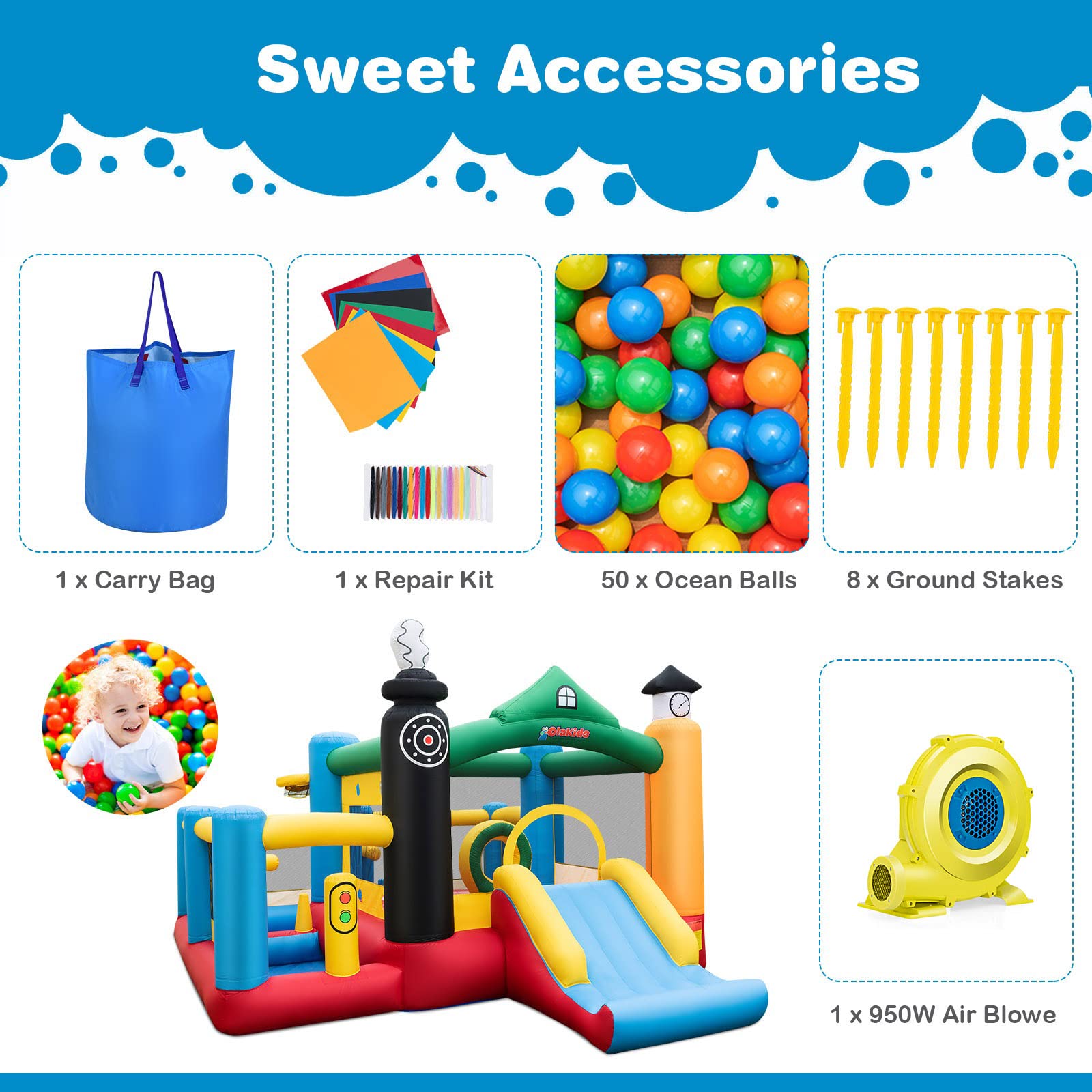 INFANS Inflatable Bounce House, Train Theme Kids Jumping Castle, Inflatable Obstacle Course with 950W Blower