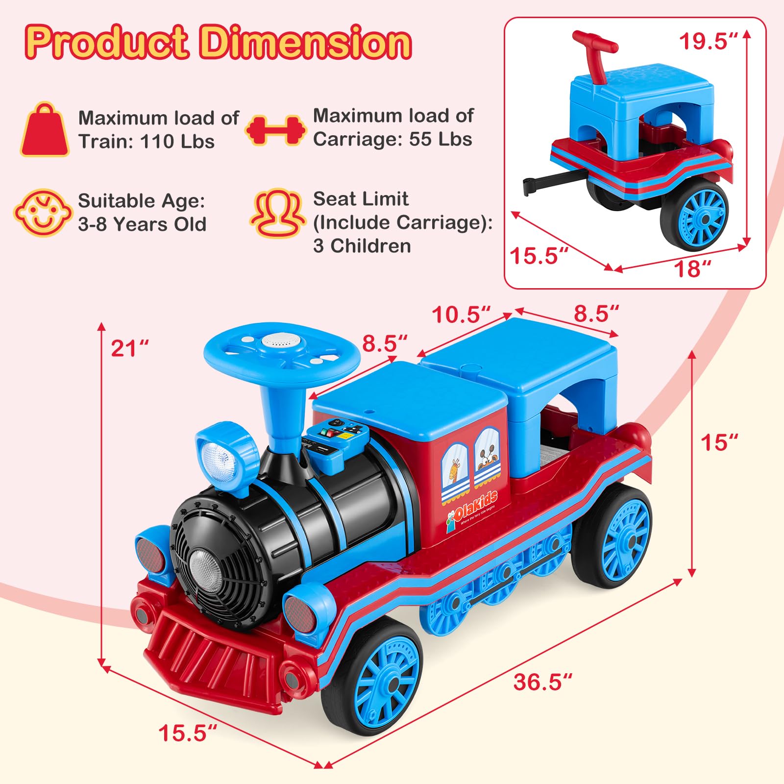3-Seater 12V Battery Powered Kids Ride on Train with Carriage Trackless