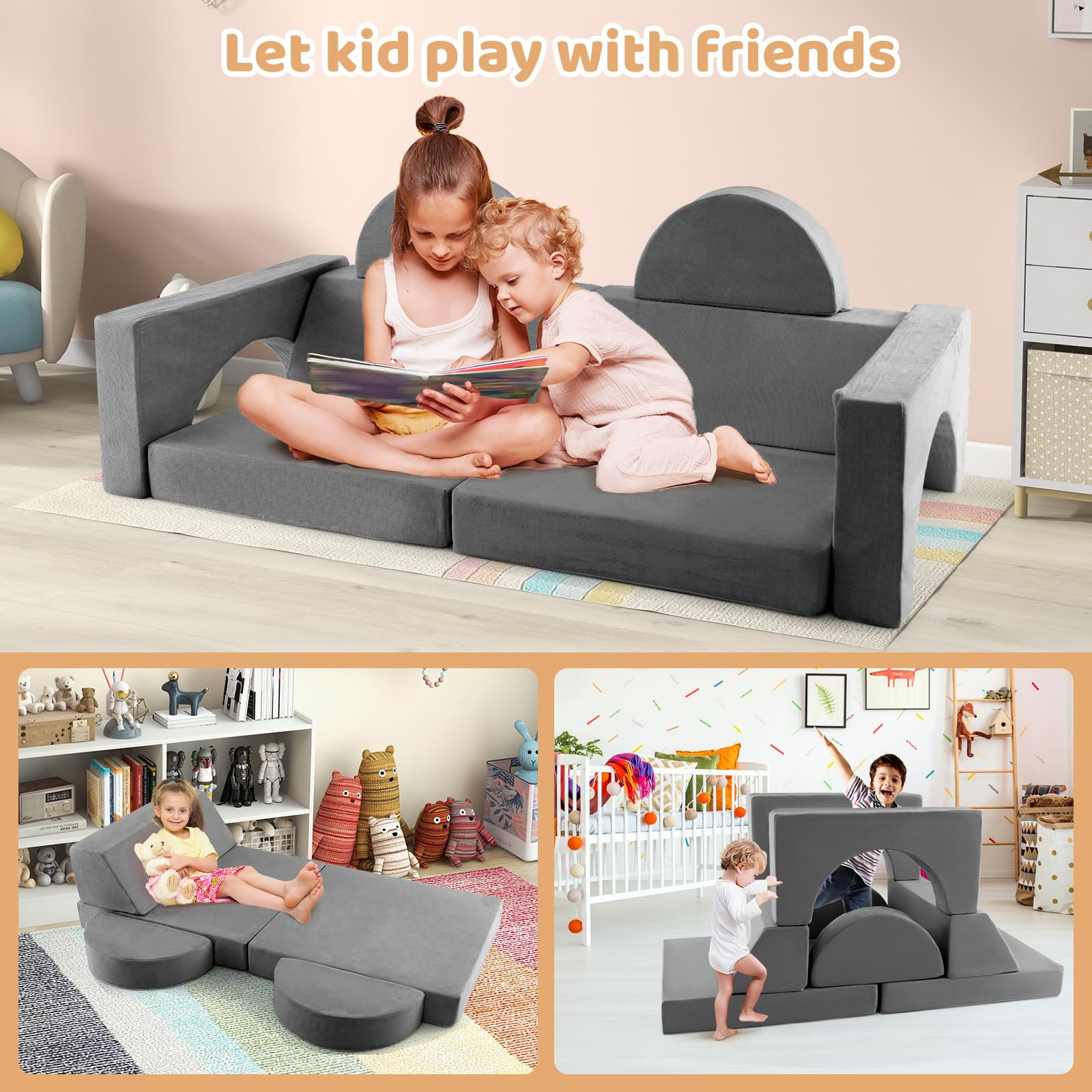 INFANS Mondular Kids Play Couch, 8PCS Toddler Sectional Sofa Building Fort for Bedroom, Imaginative Convertible Floor Cushion